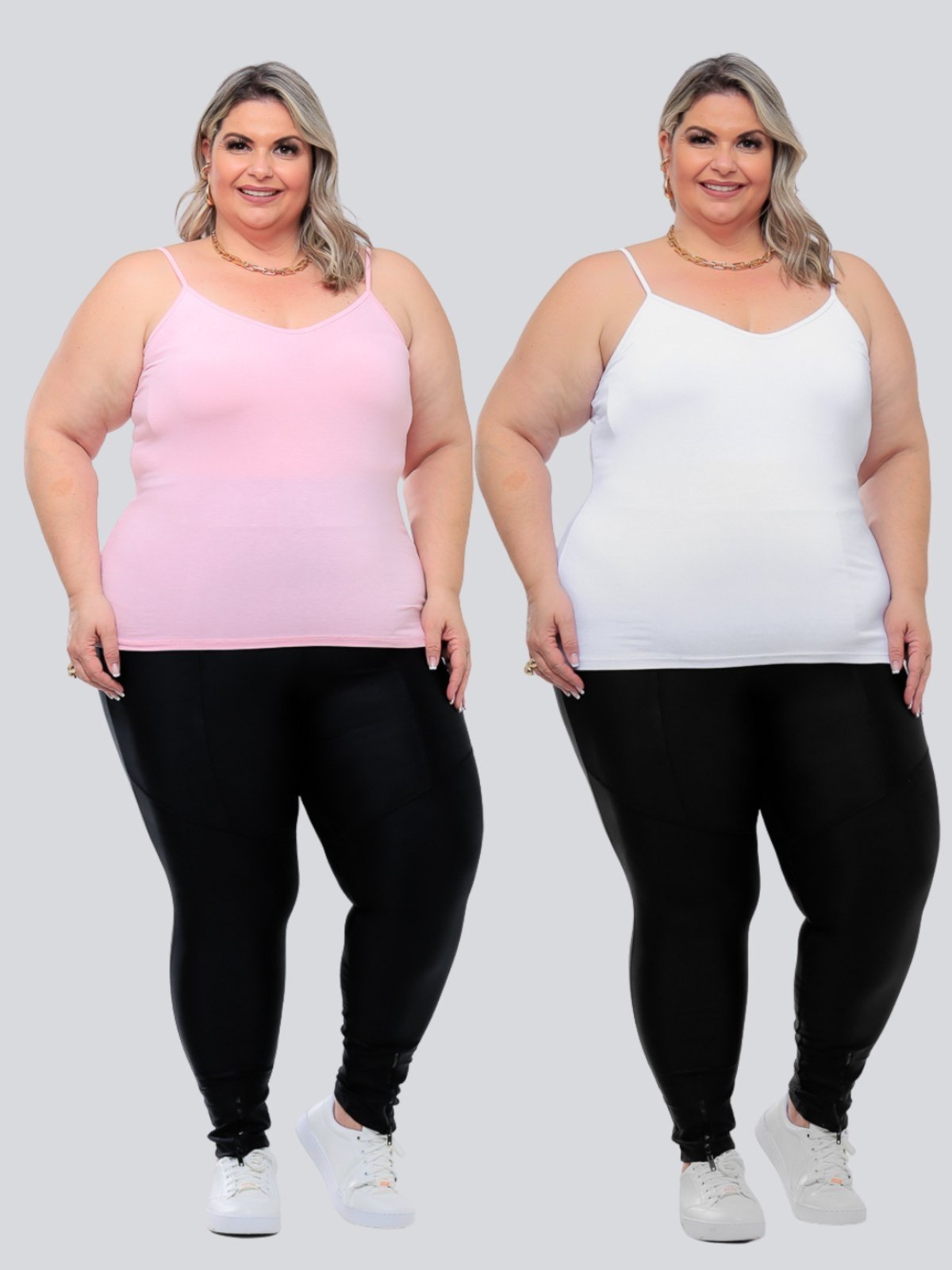 Kit 2 Peças Regata Plus Size Feminina Básica GARAIS MODA Alcinha Fina Leve estilo Casual moda Verão Blogueira Rosa Branco