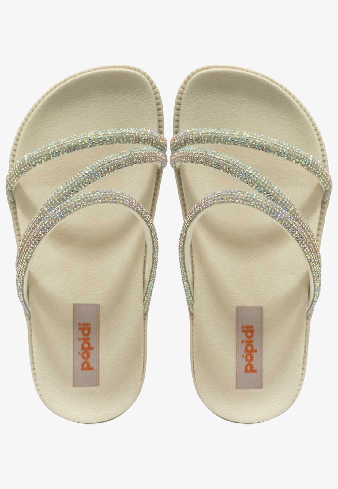 Vista 3 Infantil - Sandália Rasteira Feminina Pópidi Chinelo Papete Brilho Strass Off White off-white white Pópidí off-white white
