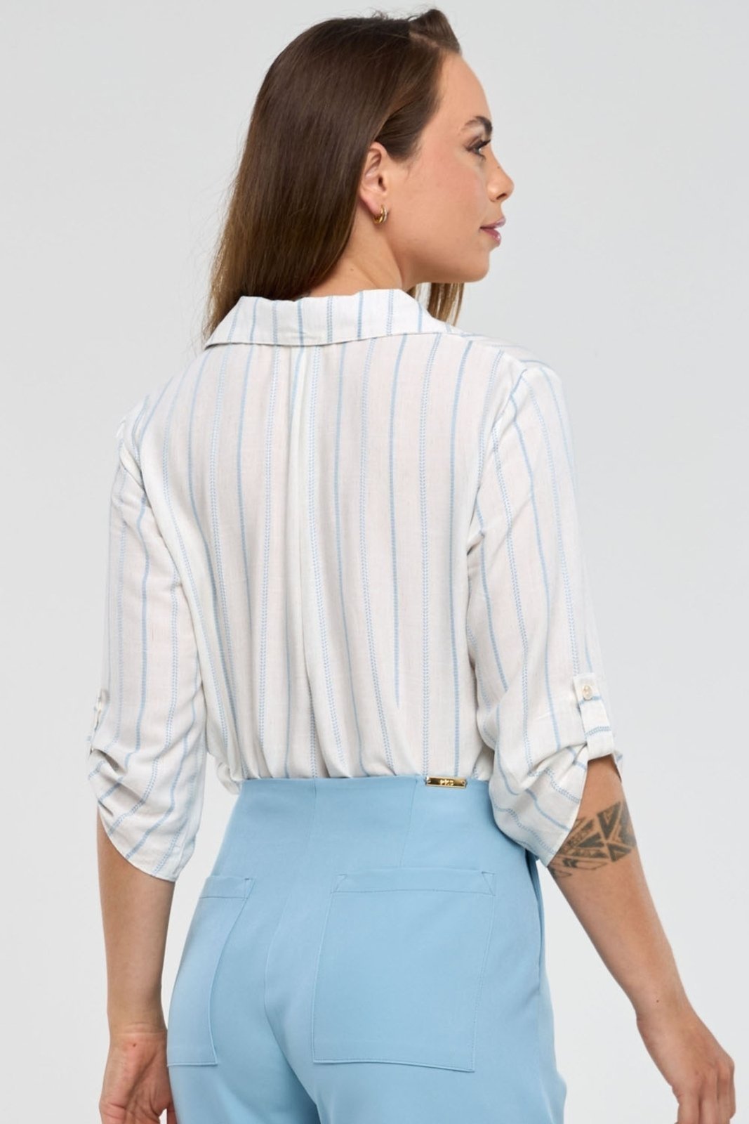 Vista 2 Camisa PKS Em Viscose Com Linho Listrada bege PKS bege