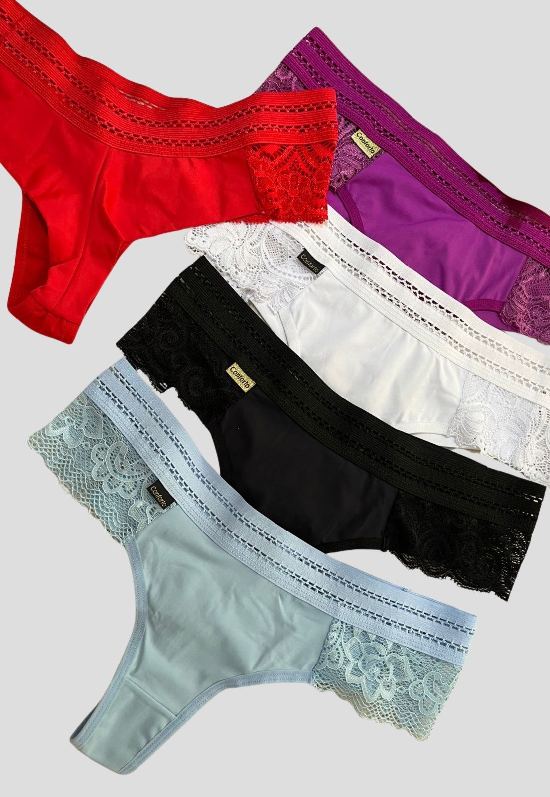 Kit 5 Calcinhas Fio Duplo Poliéster Lingerie Feminina Tanga Renda Lateral