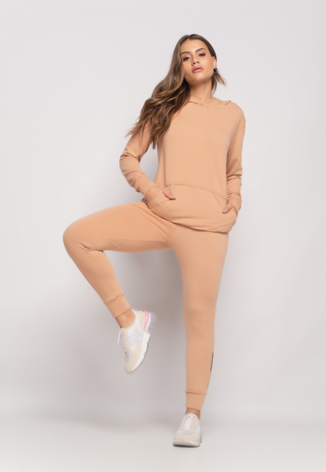 Conjunto Sport Com Casaco Capuz e Jogger Moletinho Salvatore Bege