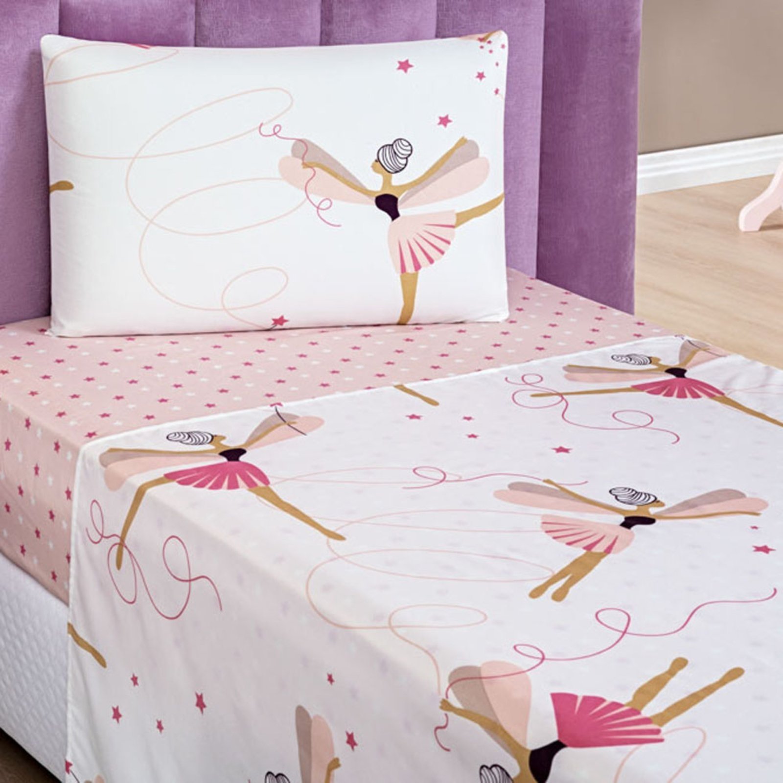 Jogo Cama Lençol Casa Scarpa Fantasy Solteiro Microfibra 3 Peças - Bailarina - Rosa