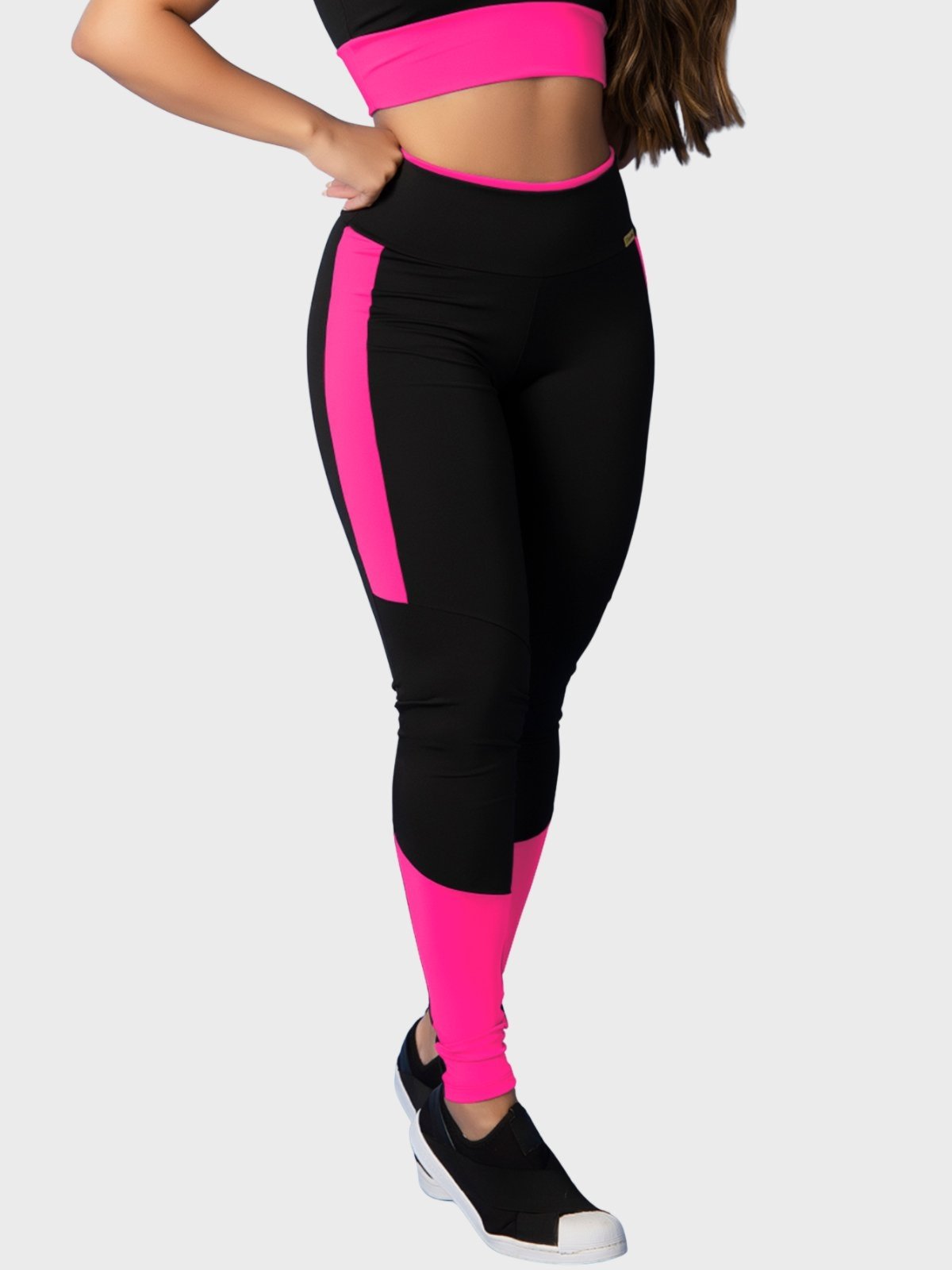 Calça Legging Fitness Tarelles Cintura Alta Preto e Rosa Neon