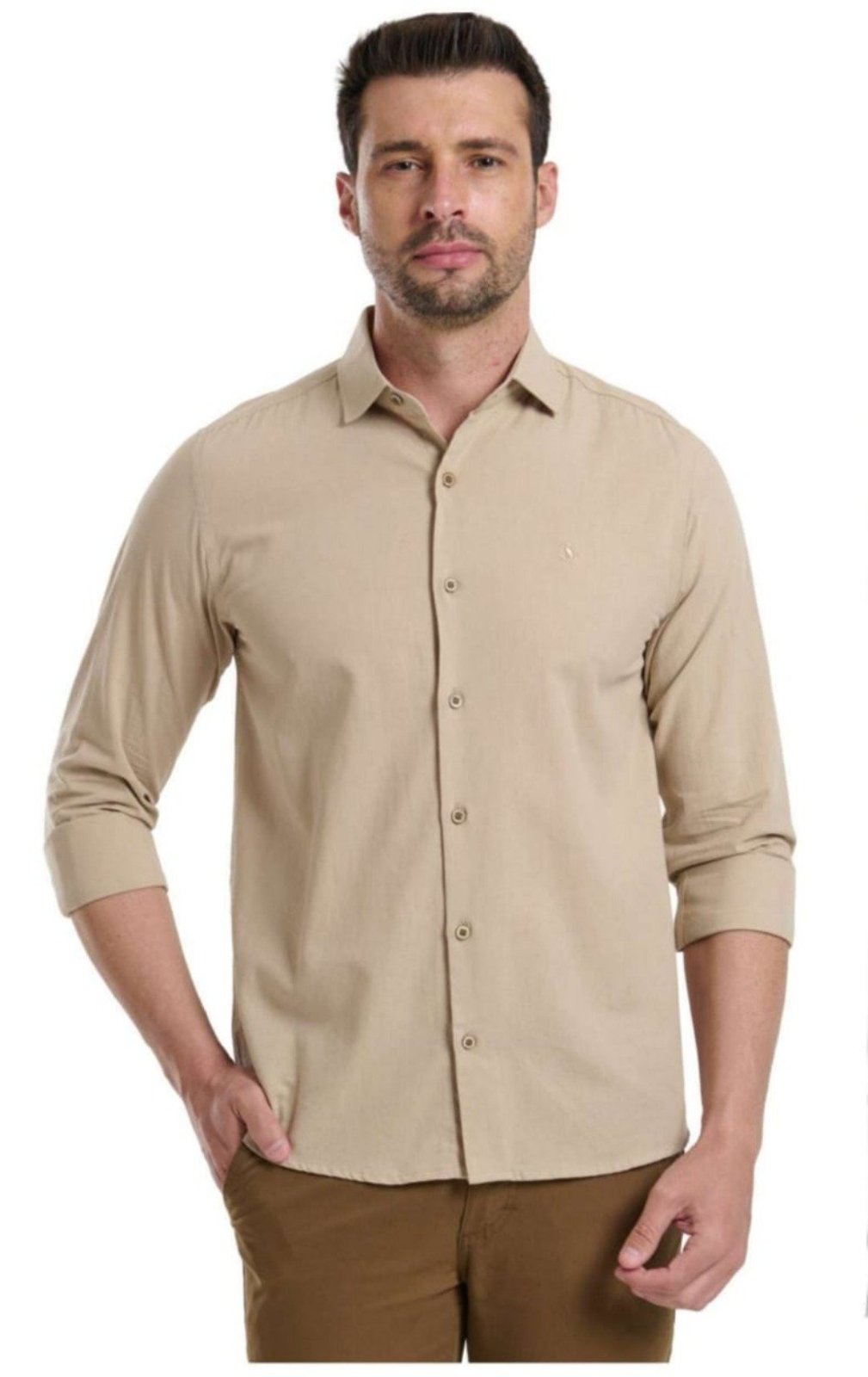 Camisa Amil Comfort Rootz Algodão Com Linho Macia Manga Longa Casual Luxo Bege