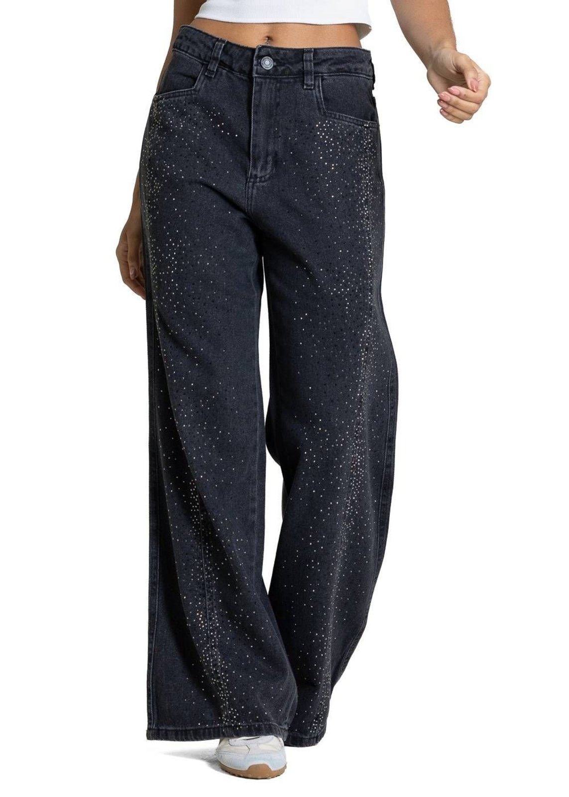 Calça Jeans Sawary Wide Leg Petit Brilho - 283317 - Preto - Sawary