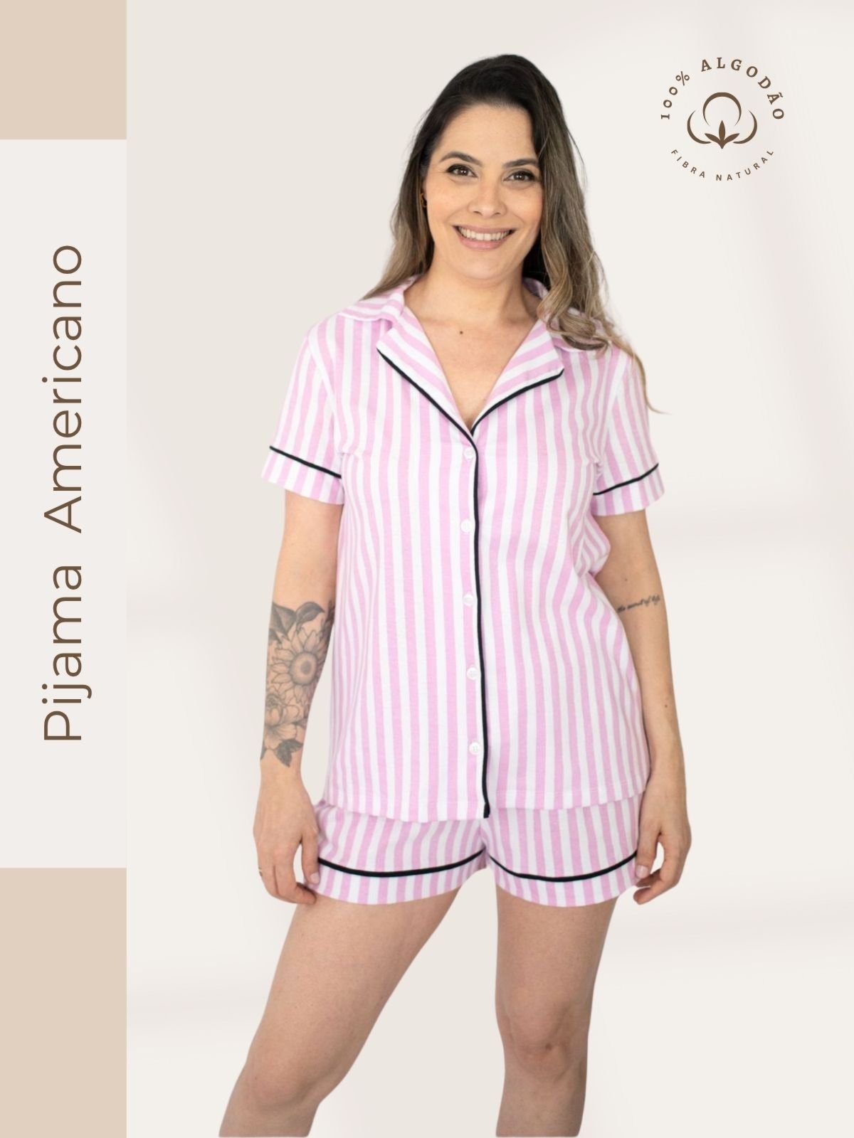 Pijama Americano Manga Curta Flávia – Listrado Rosa