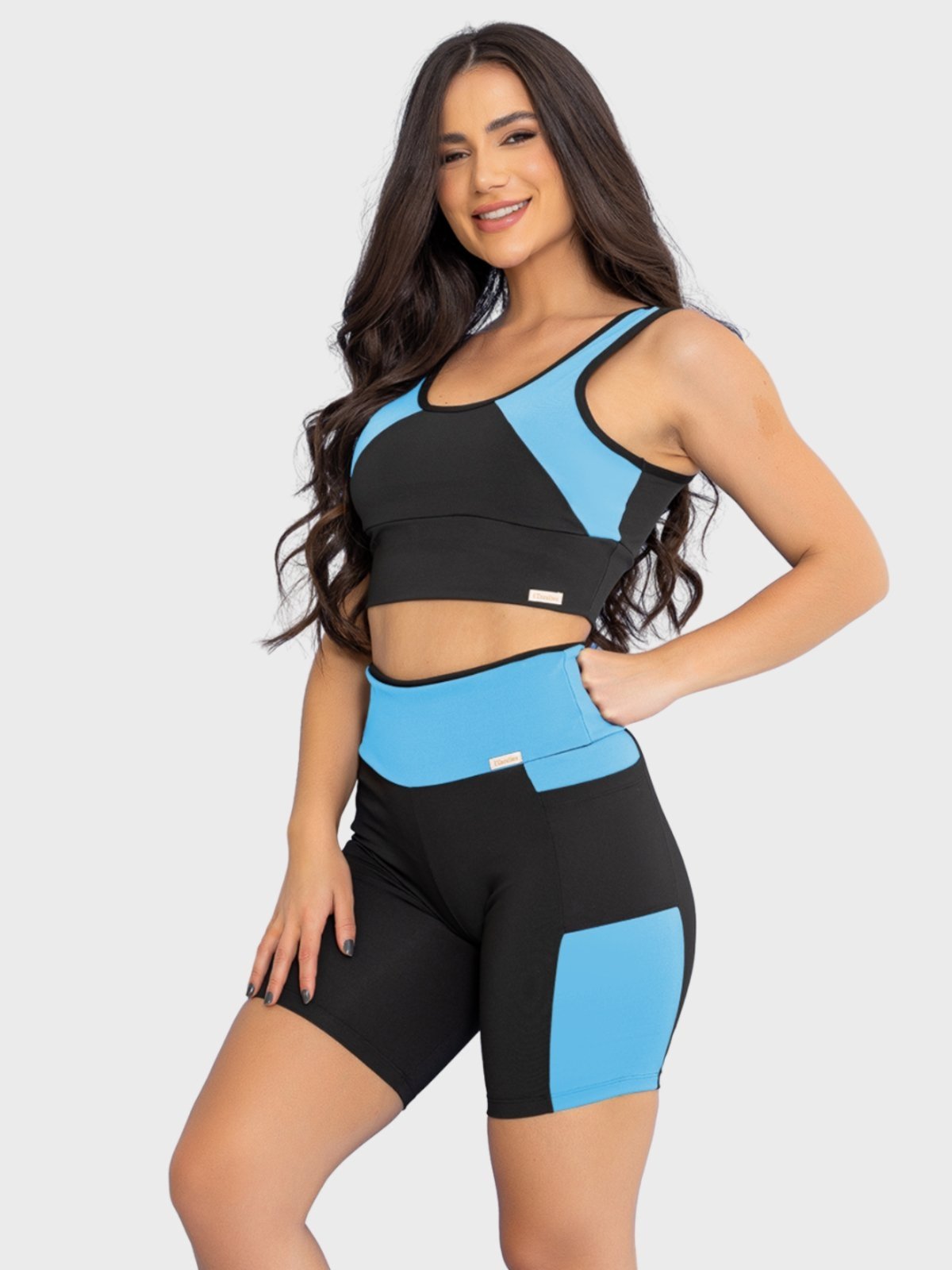 Conjunto Fitness Tarelles Top Short Bolso Preto e Azul Céu