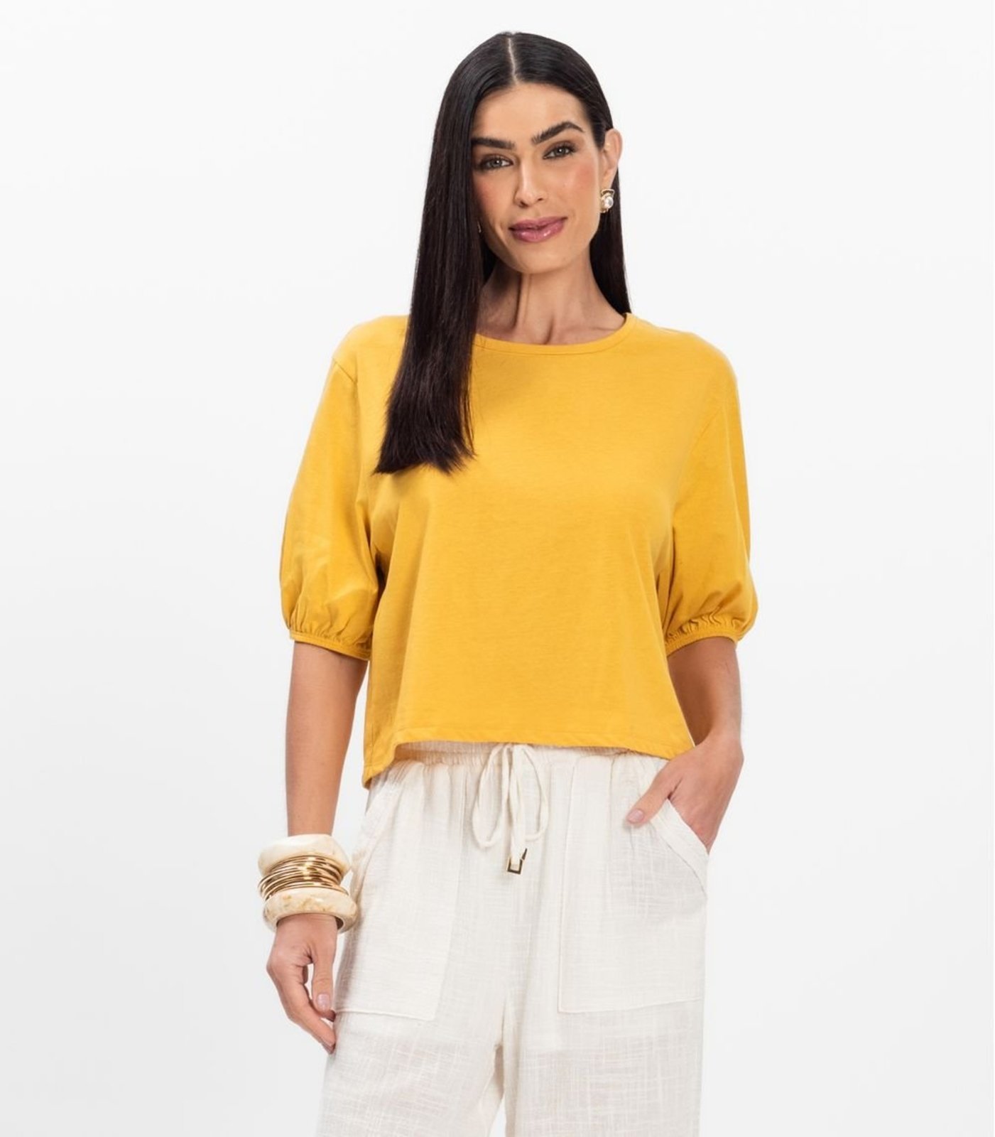 Blusa Manga Camponesa Feminina Rovitex Amarelo