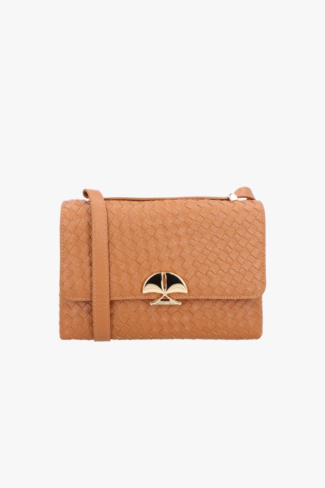 BOLSA MÉDIA EM COURO CARAMELO COM TRAMA E FECHO METÁLICO CALIANDRA