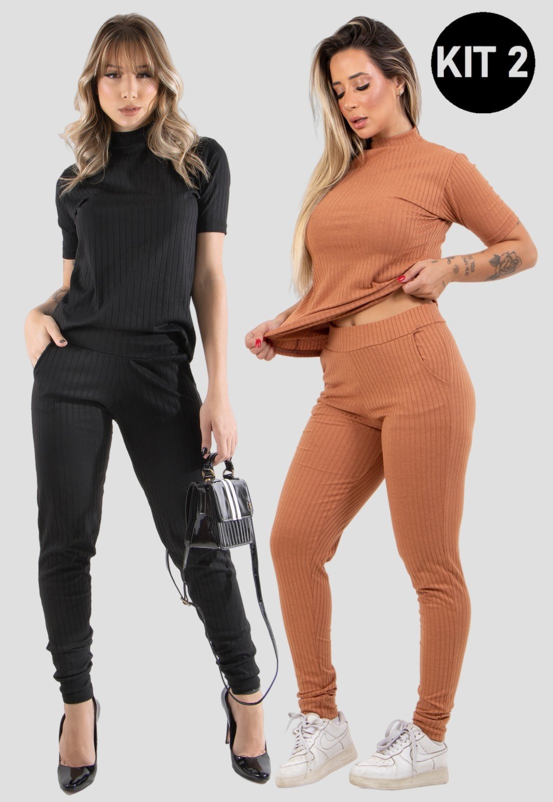 Kit 2 Conjuntos Canelado Manga Curta 4 Estações Blusa Canelada Calça Jogger Cintura Alta Liso Preto/Terracota