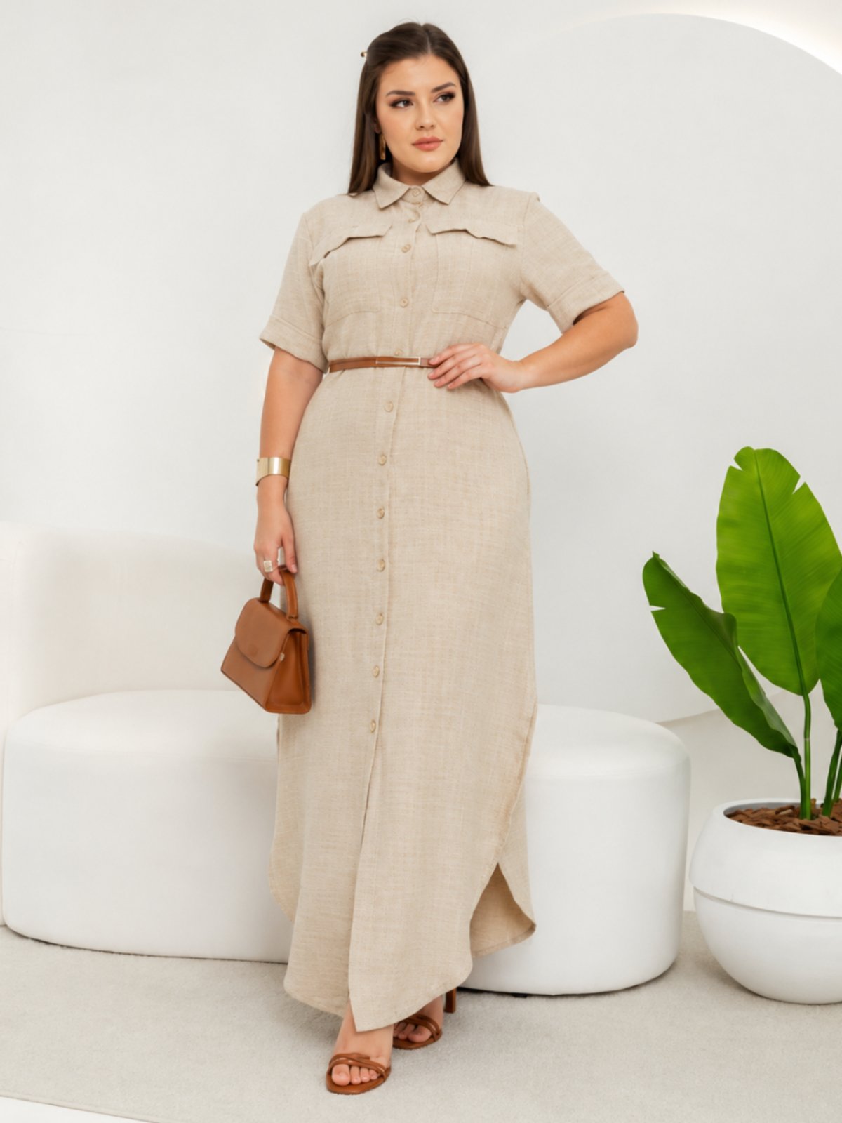 Vestido Feminino Casual Elegante Chemise com Cinto Manga Curta Social Trabalho Bege
