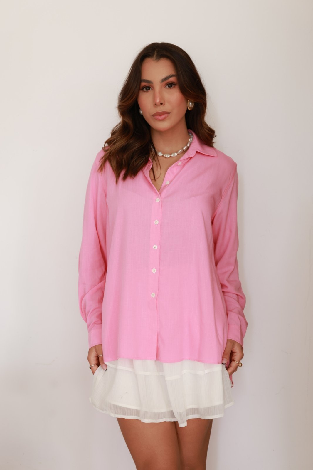 Camisa Feminina Ícone Fashion Oversized Gola Tradicional Rosa Primavera