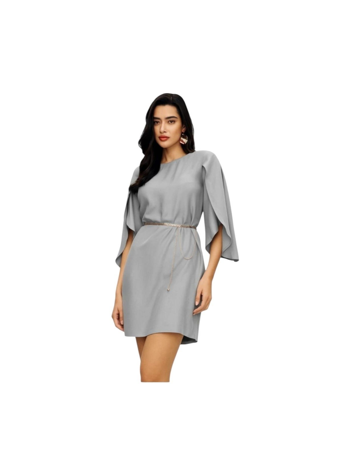 Vestido Charry Cinza Claro Curto Liso com Mangas Transpassadas