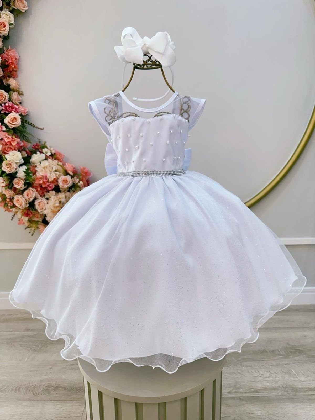 Infantil - Vestido Festa Branco Formatura Florista Casamento Pérolas Dama Daminha Social Menina Juvenil Pérolas Princesa Rodado Aniversário Luxo