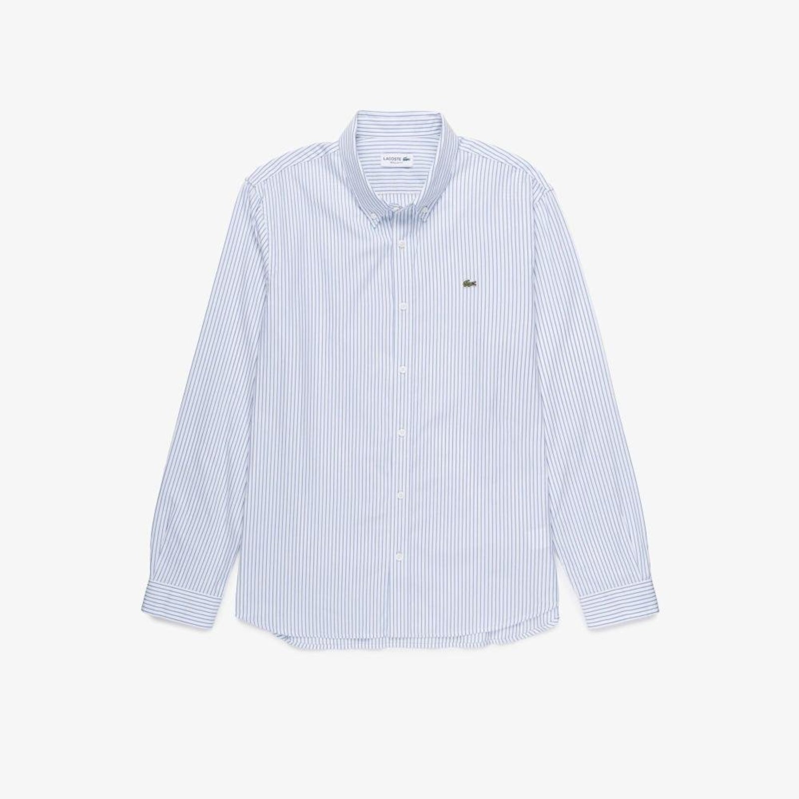 Camisa Pinpoint Lacoste Listrada de Corte Regular Azul