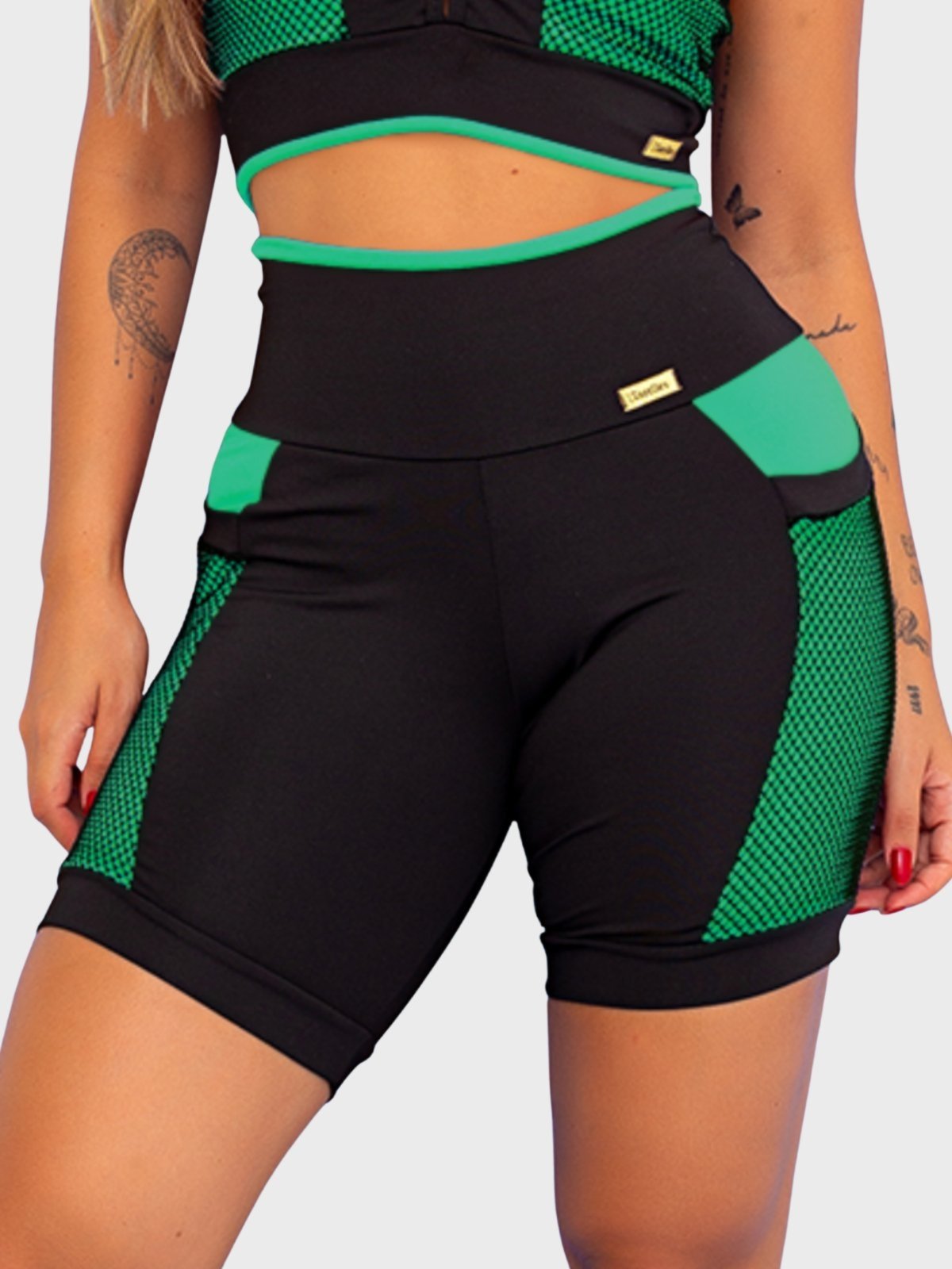 Short Fitness Tarelles Cintura Alta Bolso Tela Preto e Verde Menta