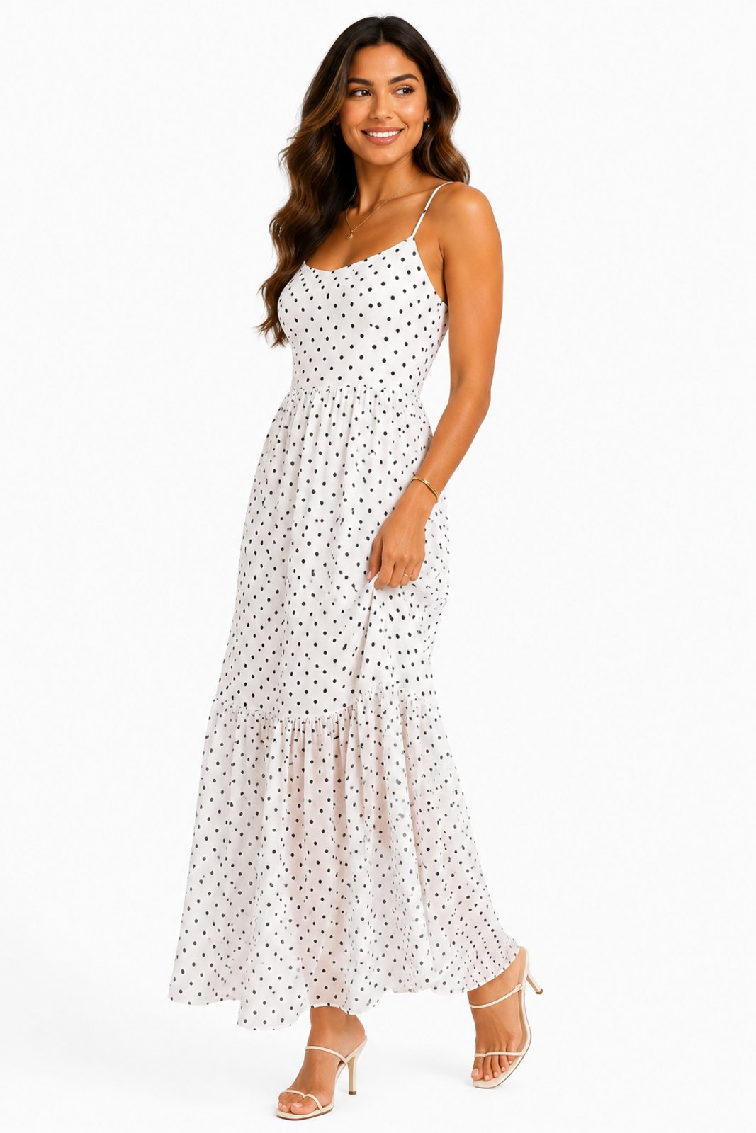 Vestido Longo D Bell Outlet Fashion De Tule Decote V Branco Com Bolinhas