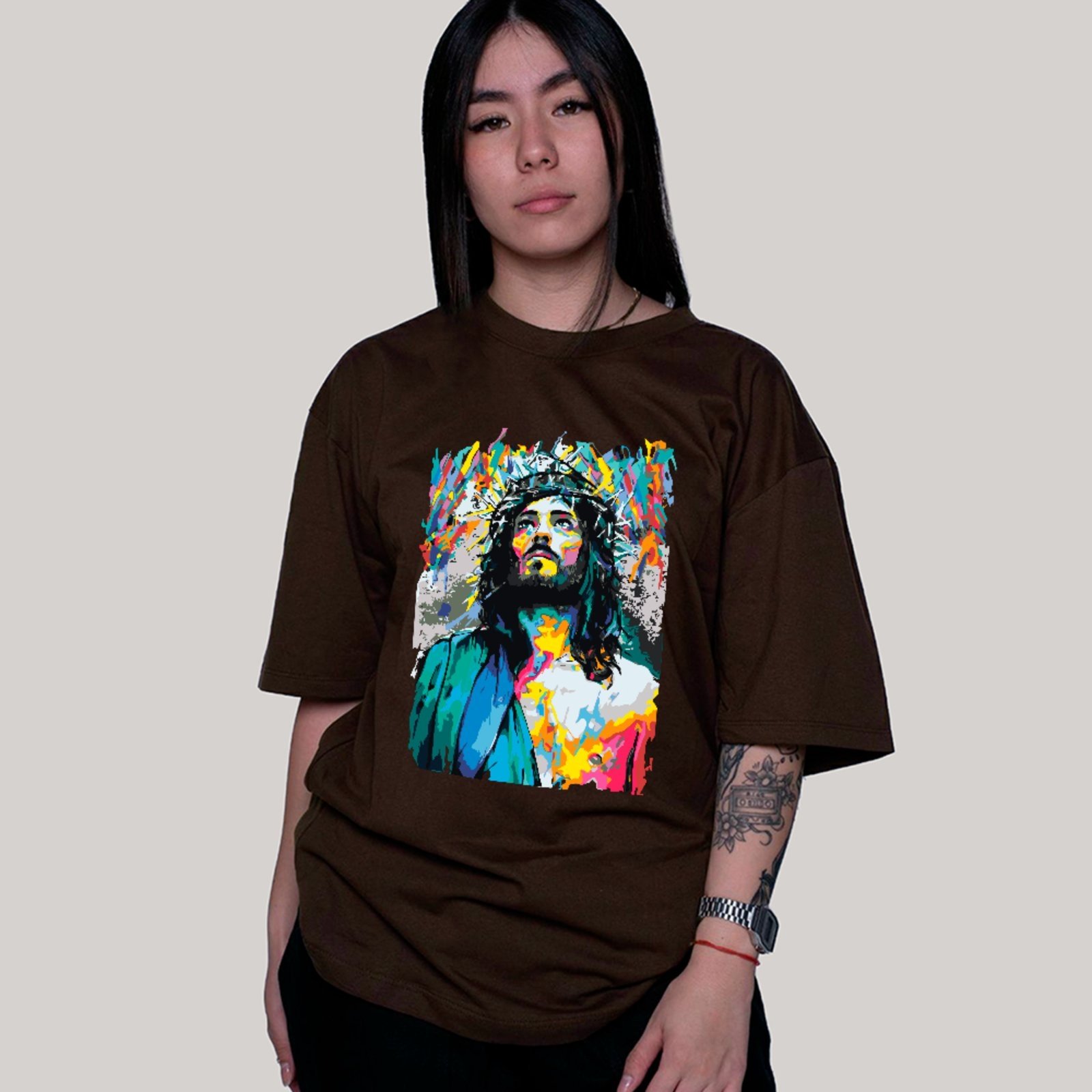 Camiseta Ousy Cristã Oversized Fé e Gratidão Unissex Marrom