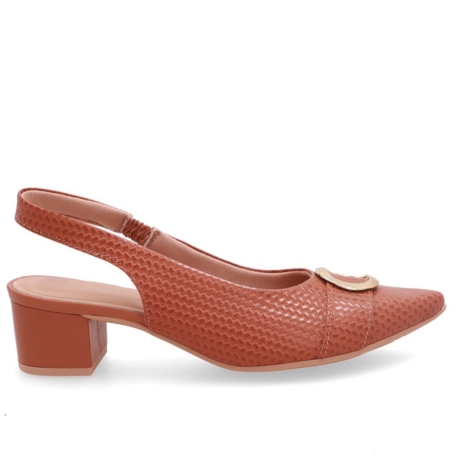 Slingback Couro Marrom Salto Bloco Com Textura Tressê
