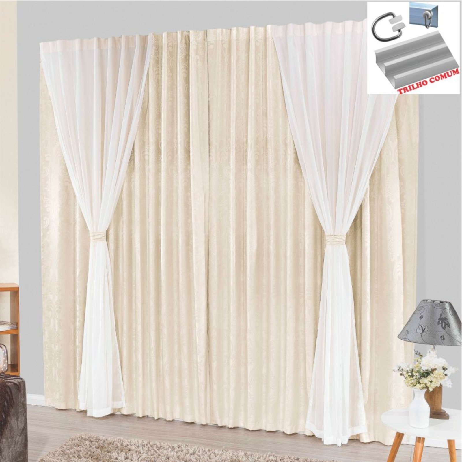 Cortina Bhaly Jacquard e Voal 4,00 X 2,50 Para Trilho Comum - Palha - 100% Poliéster