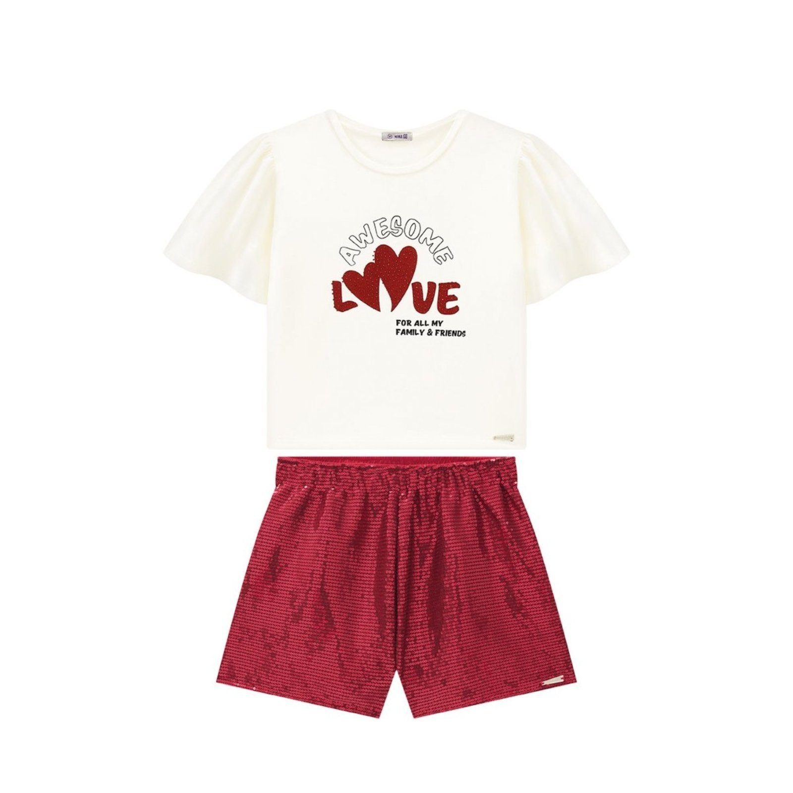 Infantil - Conjunto Menina com Blusa Cropped em Cotton e Short com Paetê
