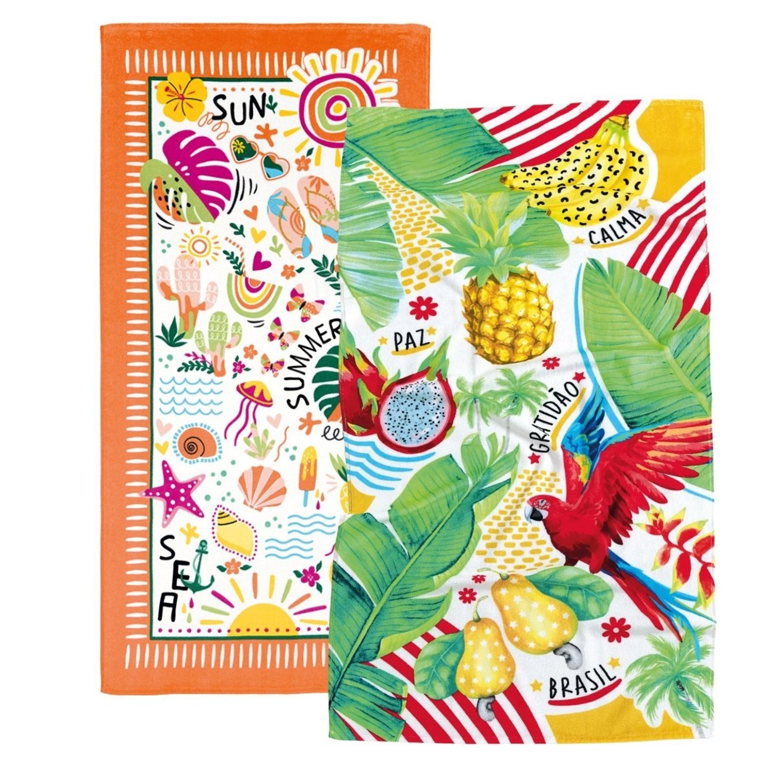 Kit 2 Toalha Banhao Praia Piscina Dohler Algodao Estampada Laranja Verde