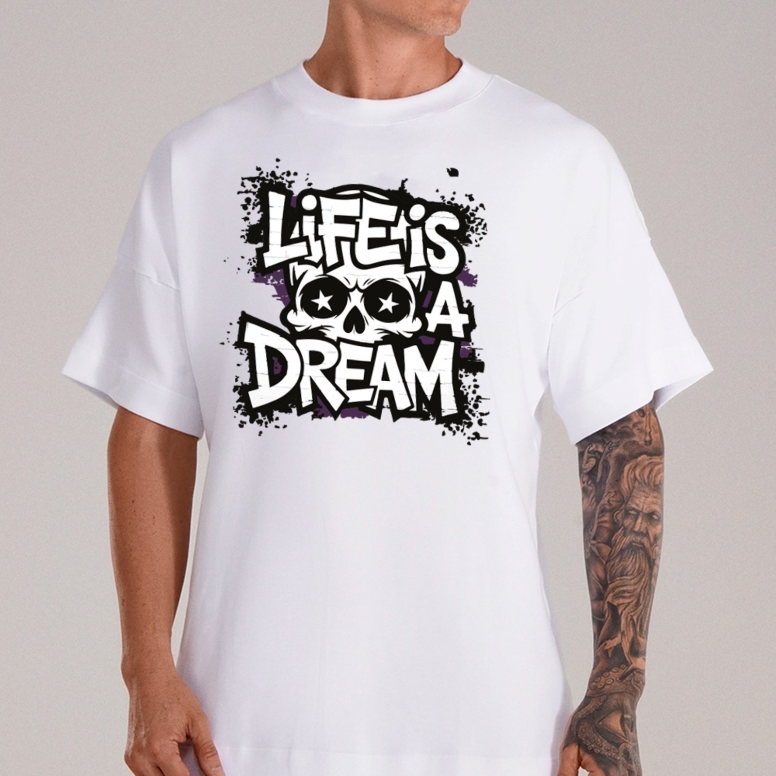 Camiseta Ousy Unissex Skull Life Is a Dream Streetwear Oversized Branco