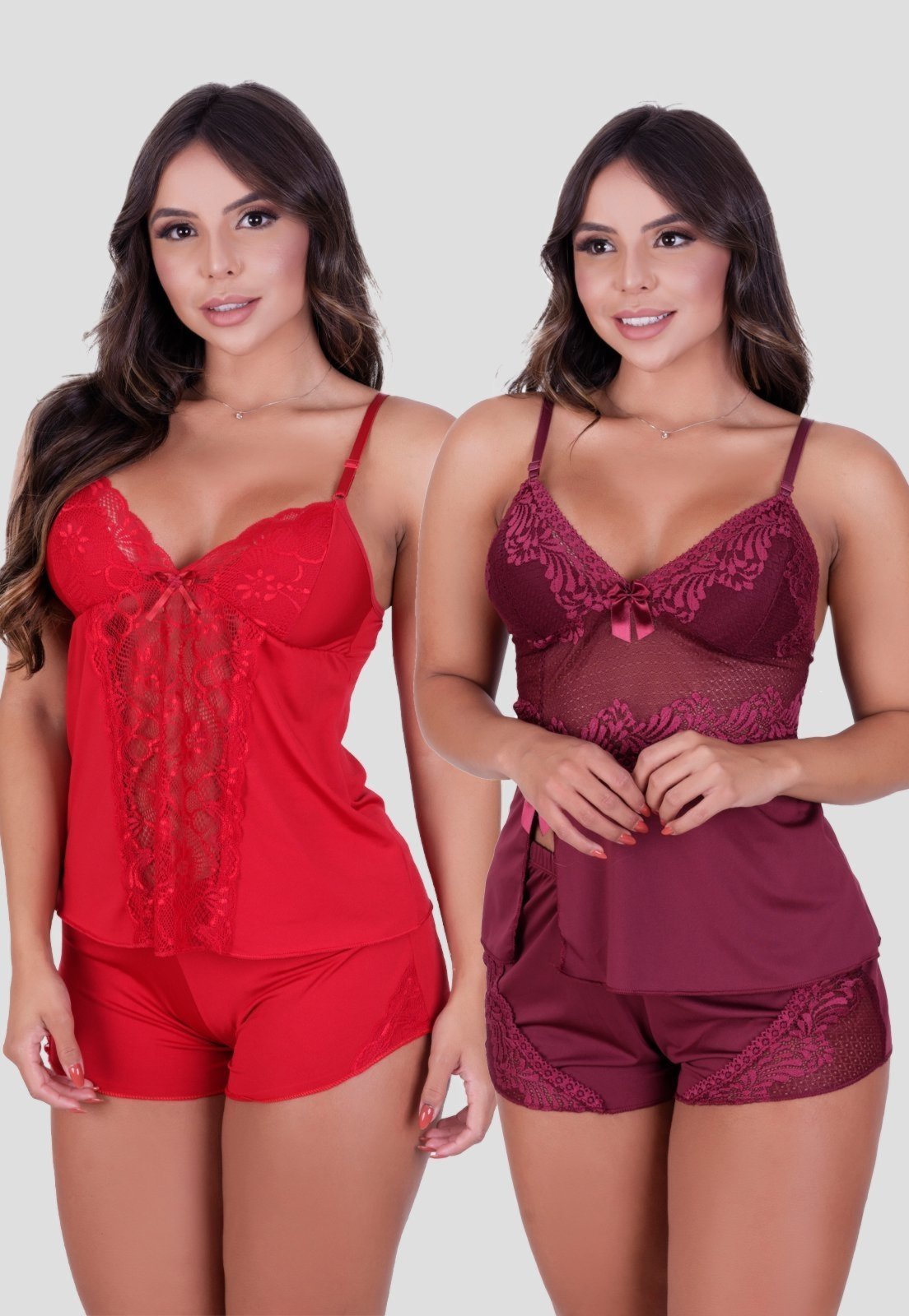 Kit Babydoll Básico + Babydoll Detalhes em Renda Vermelho e Vinho