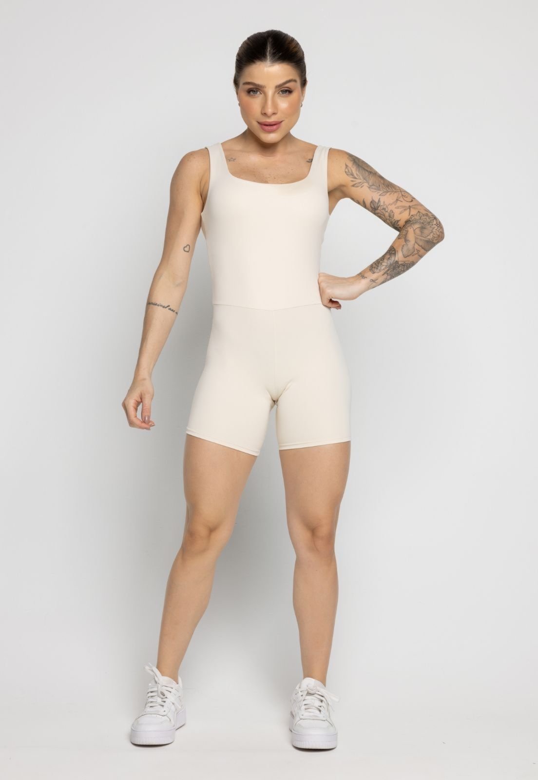 Macaquinho Vekyo Feminino Poliamida Fitness Alças Grossas Alta Sustentação Off White