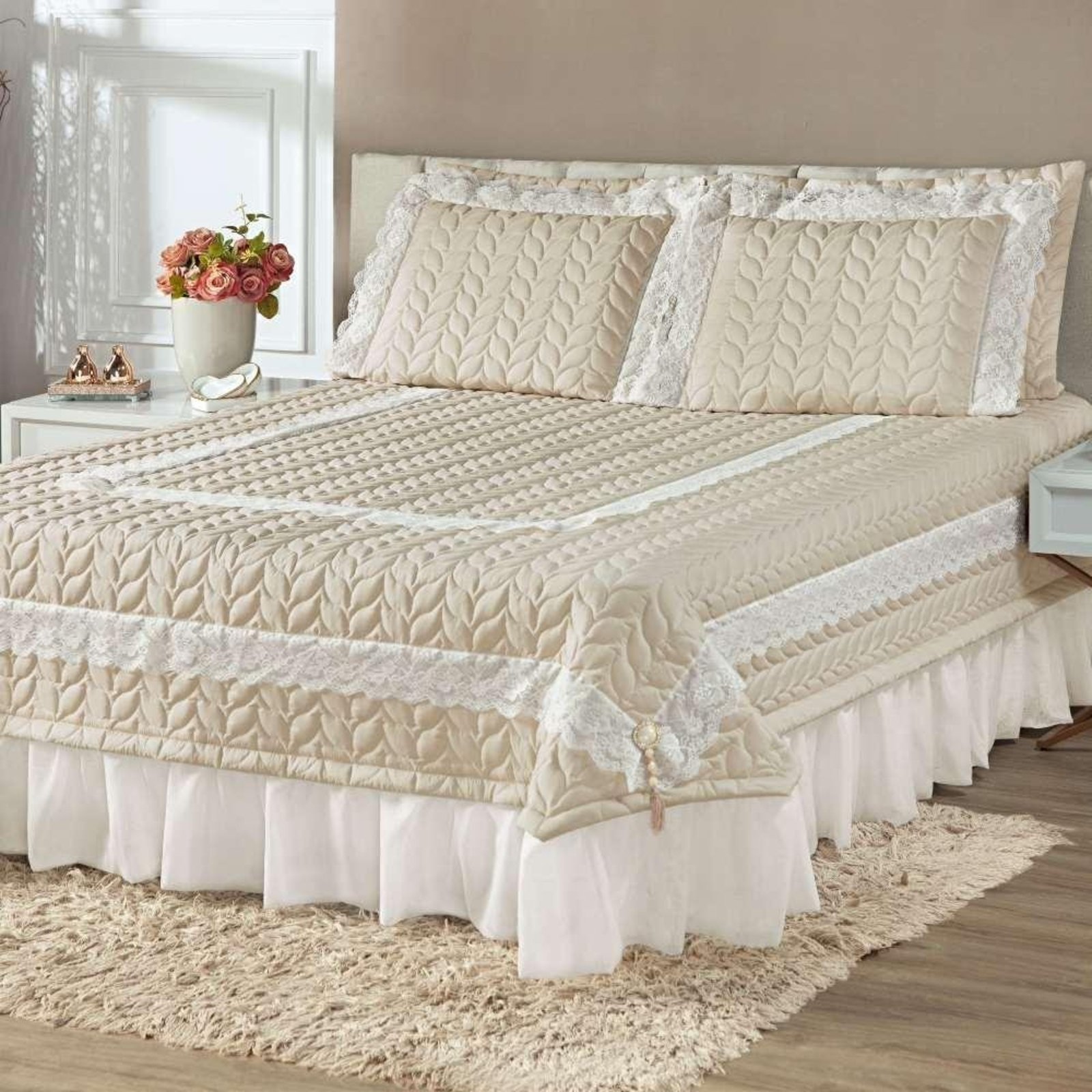 Colcha Queen Romantica Micropercal 200 Fios 5 Peças - Palha