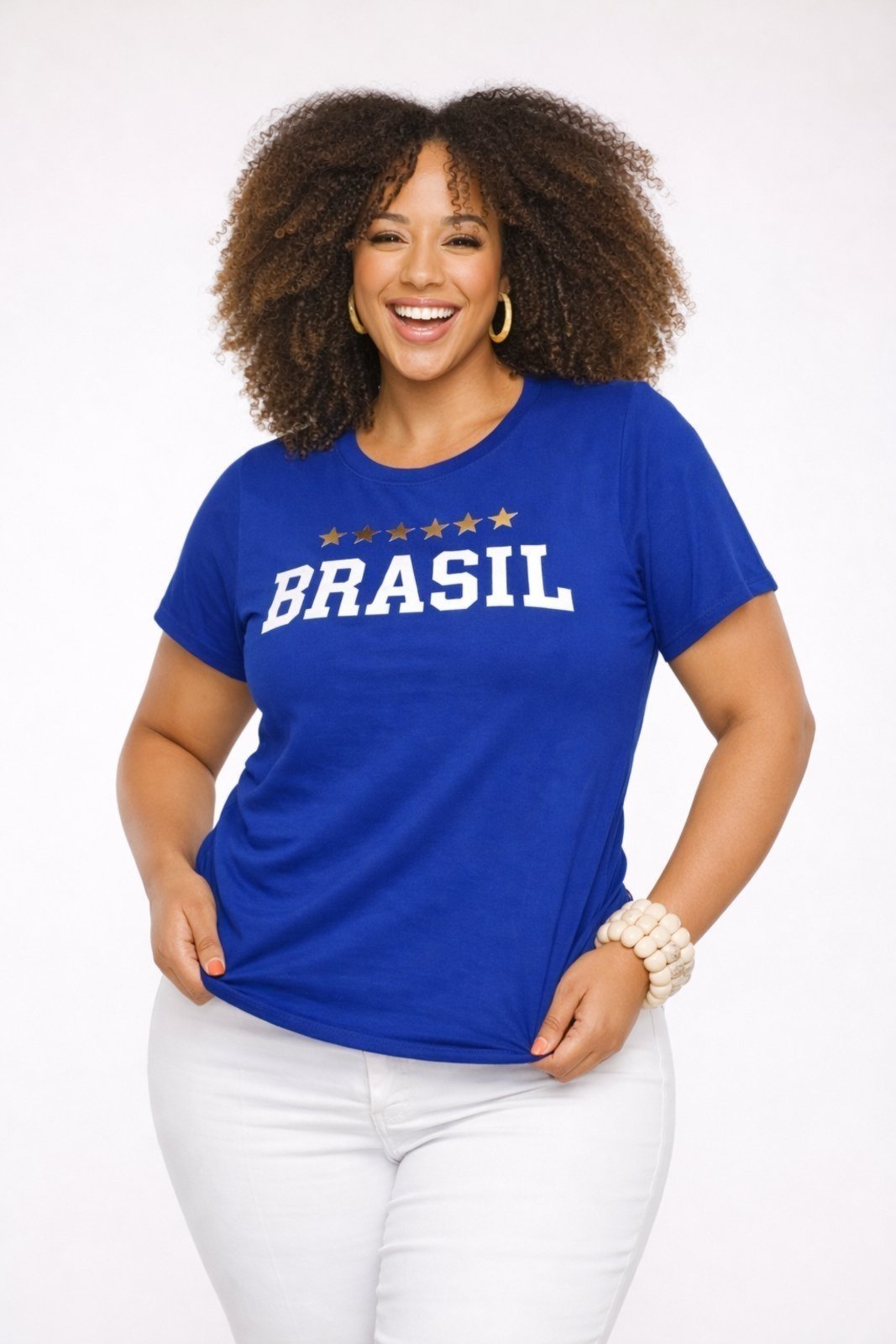 T-shirt Plus Size D Bell Outlet Fashion Seleção Brasil 6 Estrelas Azul Royal