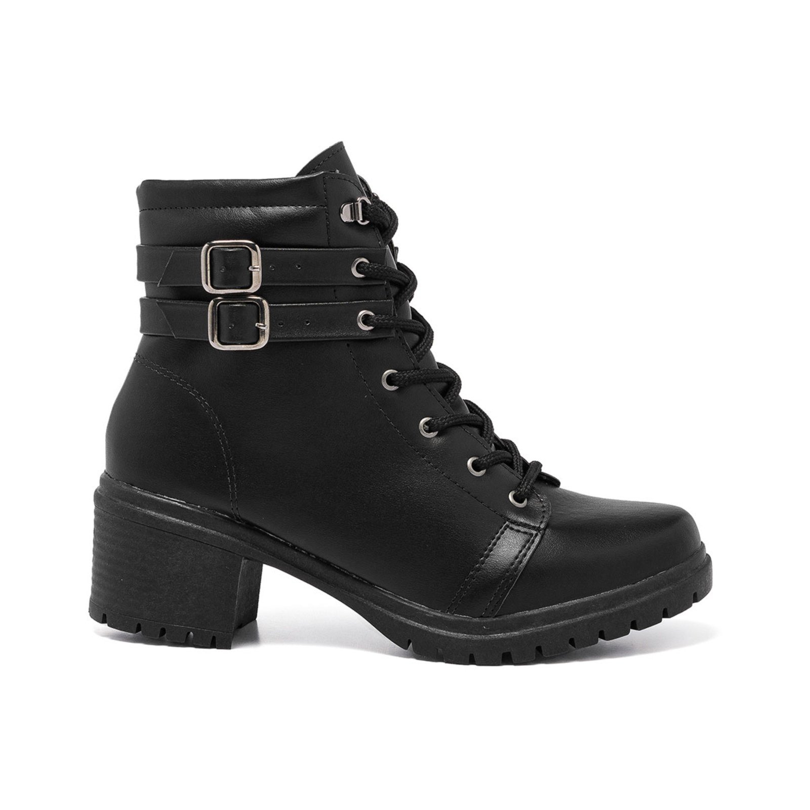 Coturno Feminino Stessy Shoes Bota Cano Curto Salto Baixo Dupla Fivela Preto