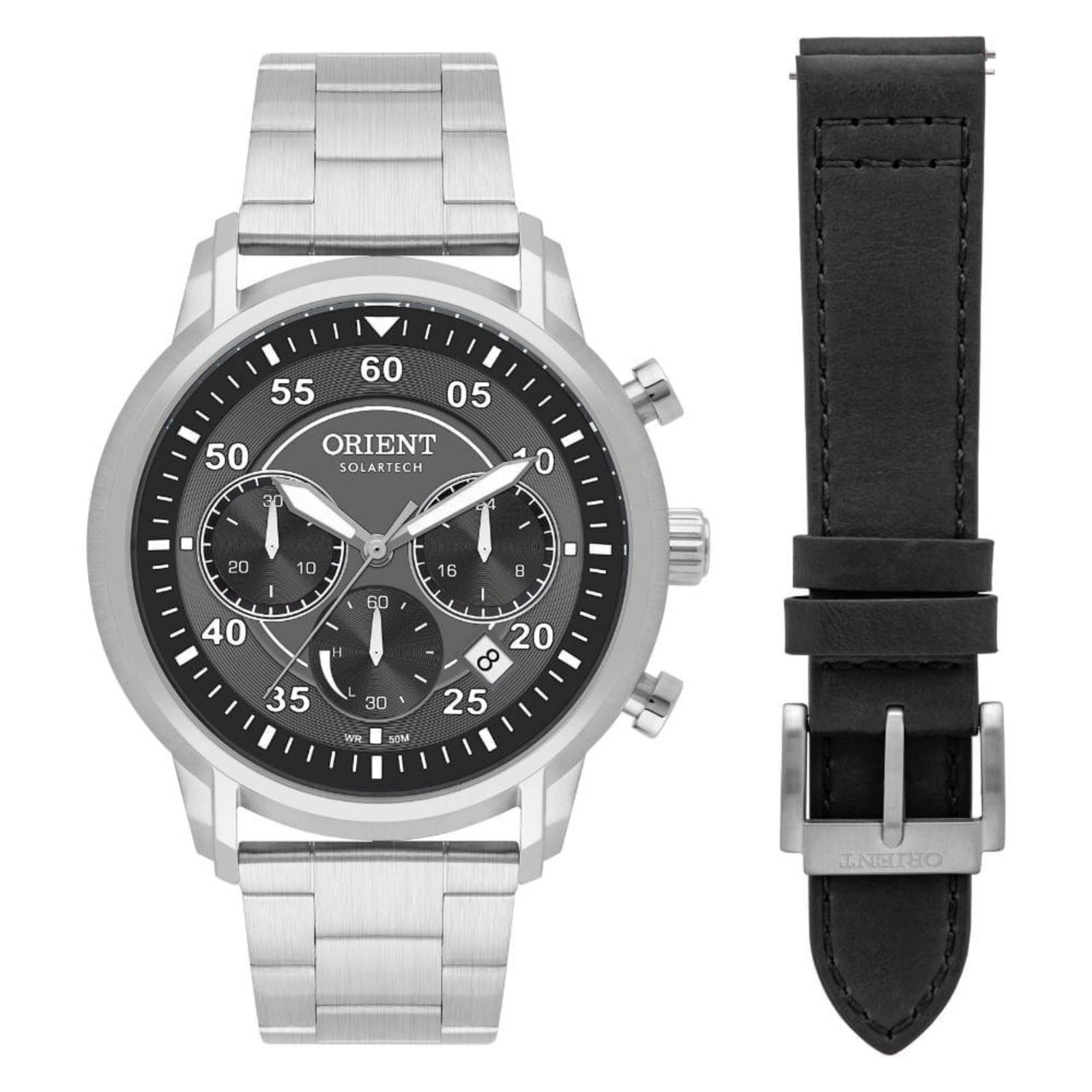 Relógio Masculino Orient Solartech Preto/Prata Pulseira Extra Exclusivo MBSSC292 G2SX Preto