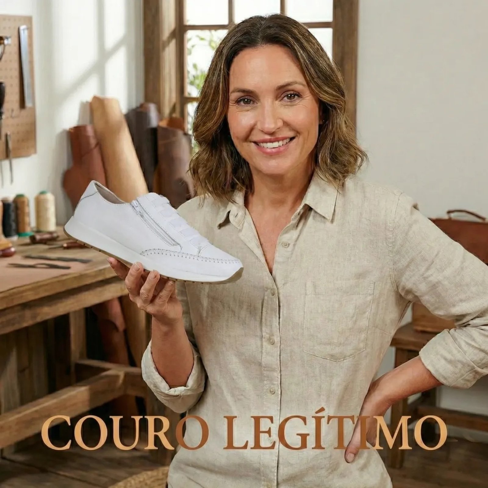 Tênis Feminino Estilo Jogger Calce Facil Em Couro Legítimo Branco