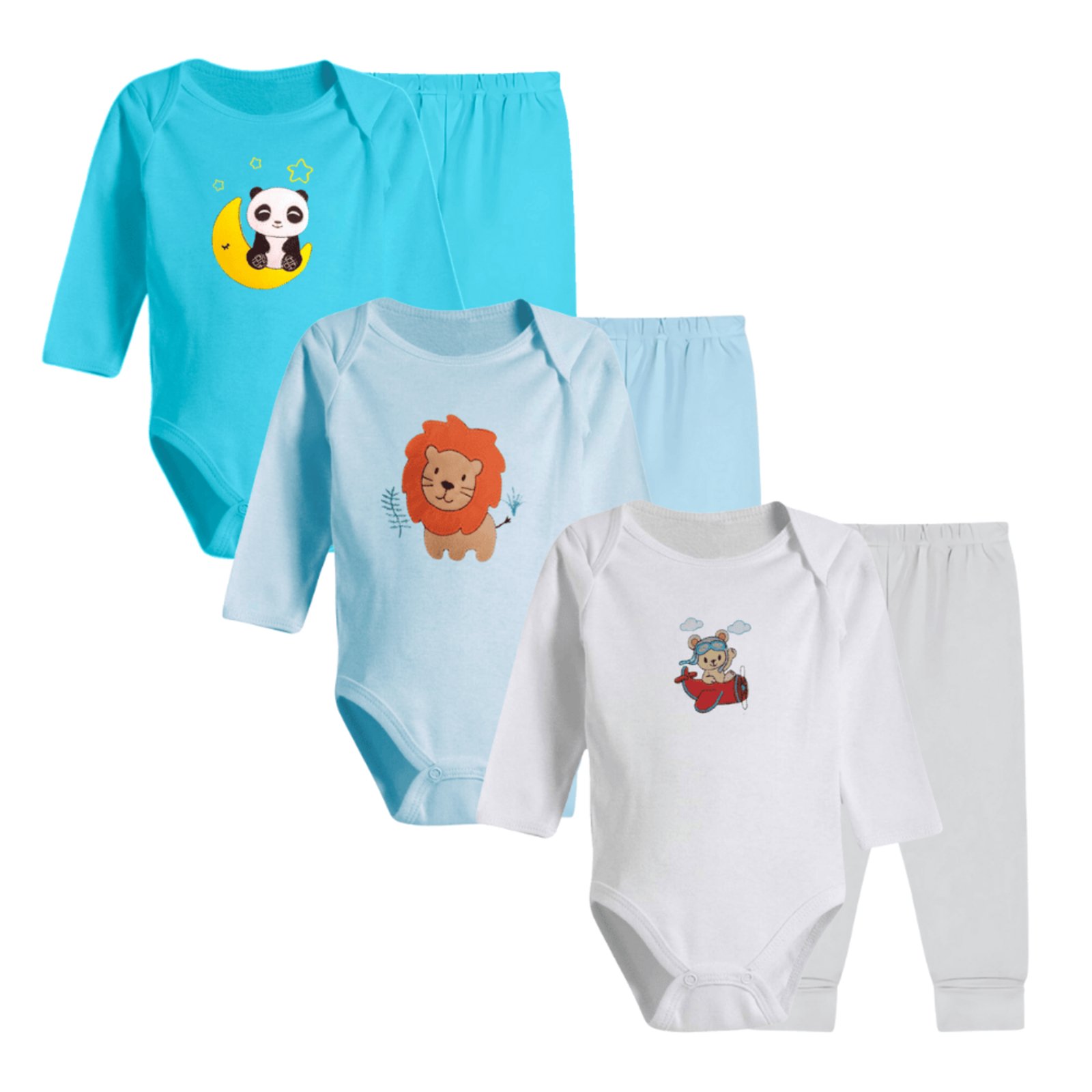 Infantil - Kit Com 3 Conjuntos Body Bordado e Calça Mijão Algodão Azul