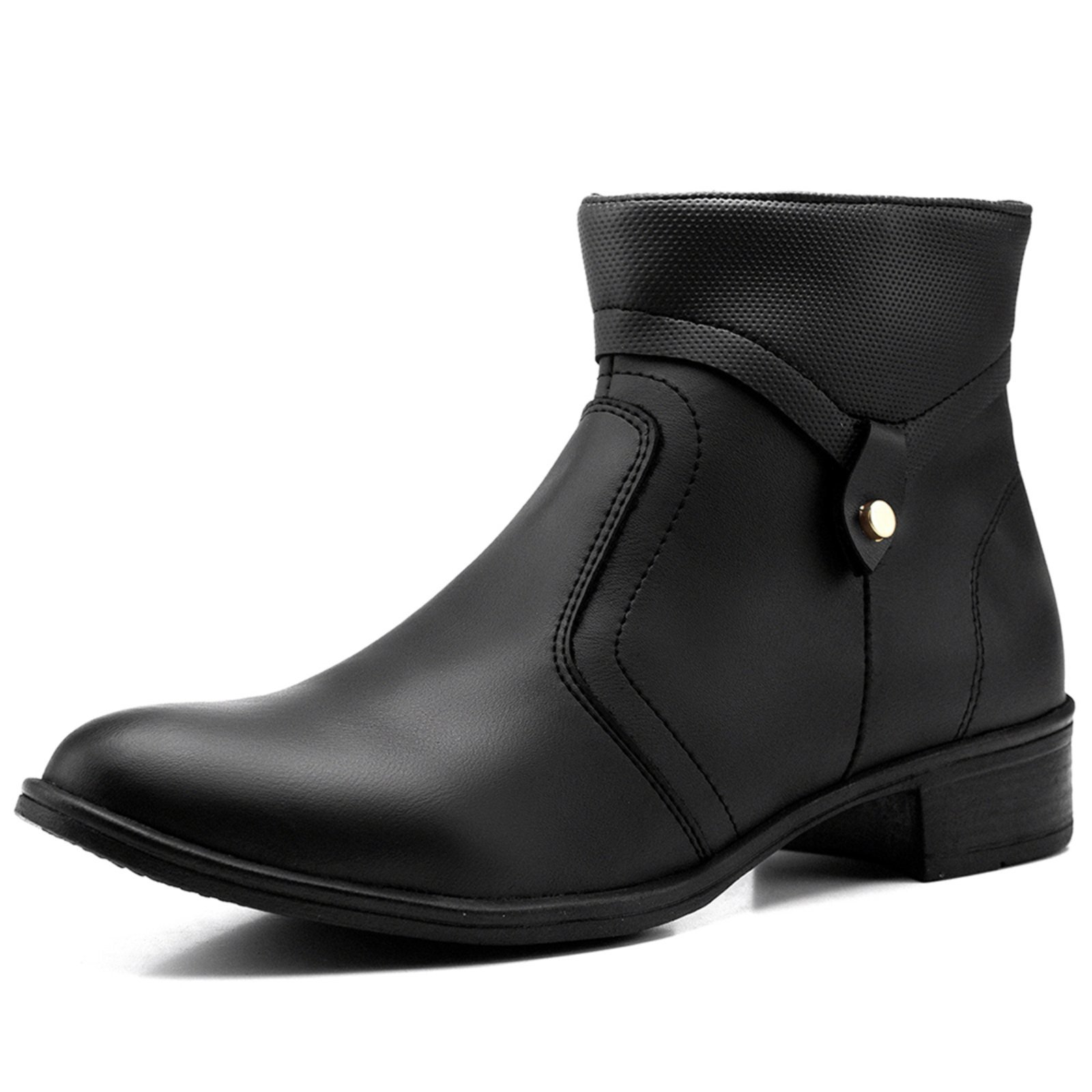 Bota Feminina Cano Baixo Bredeni Coturno Com Ziper Lateral Salto Baixo Detalhe Botao Preta