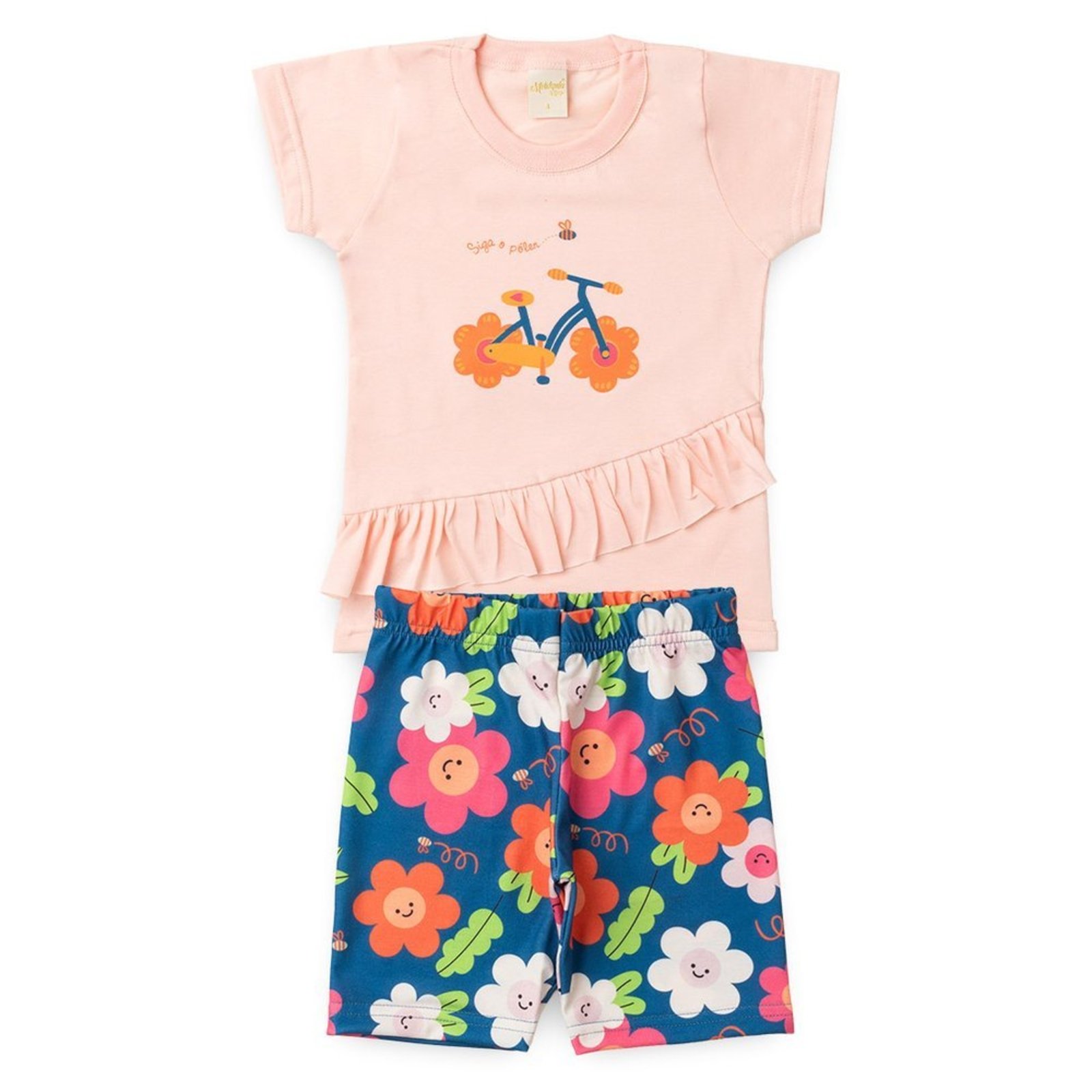 Infantil - Conjunto Verão Menina Pérola Blusa com Babado e Shorts Ciclista Bicicleta das Flores