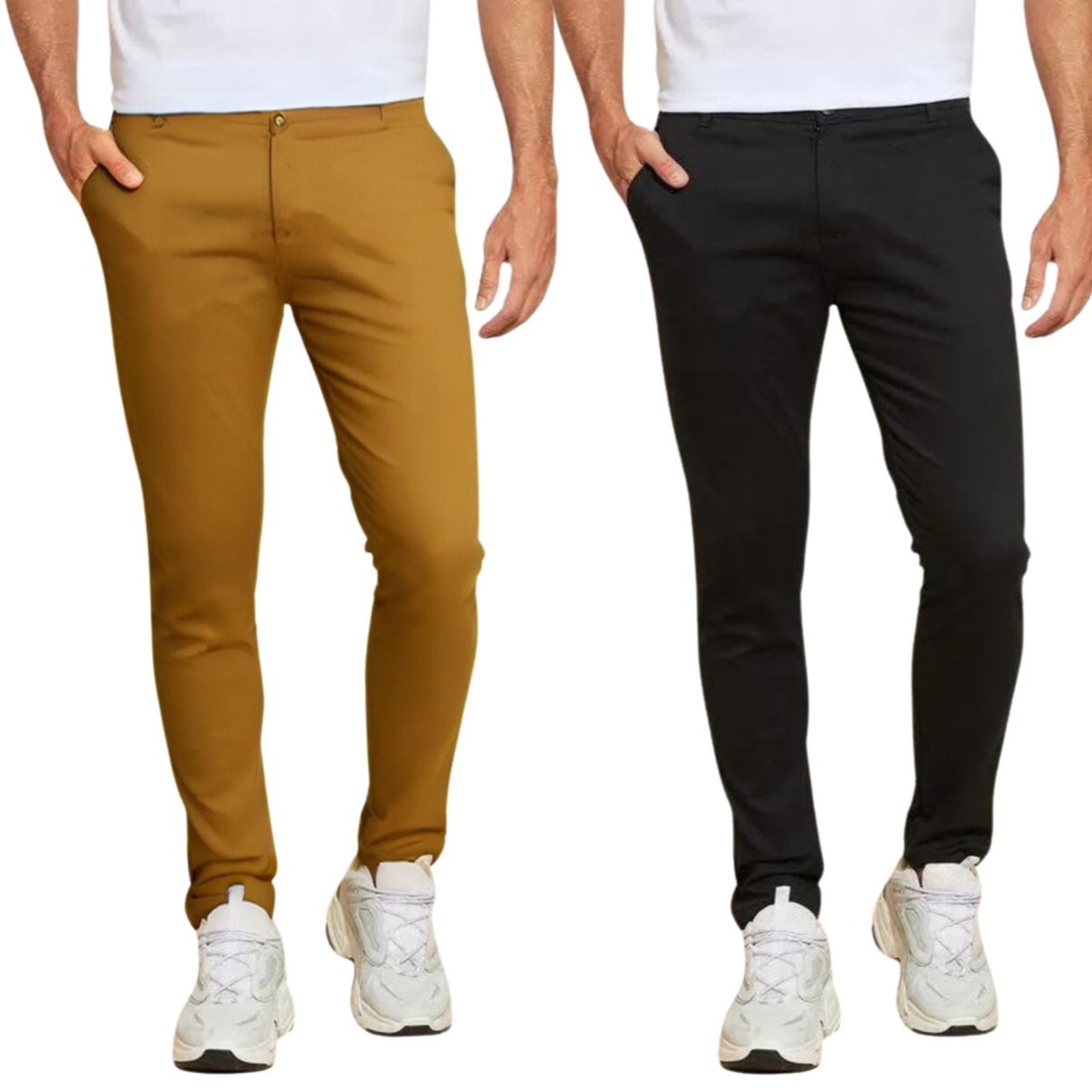 Kit 2 Calças FMF de Sarja Chino Com Bolso Traseiro Embutido Alfaiataria Skinny Preto e Caramelo