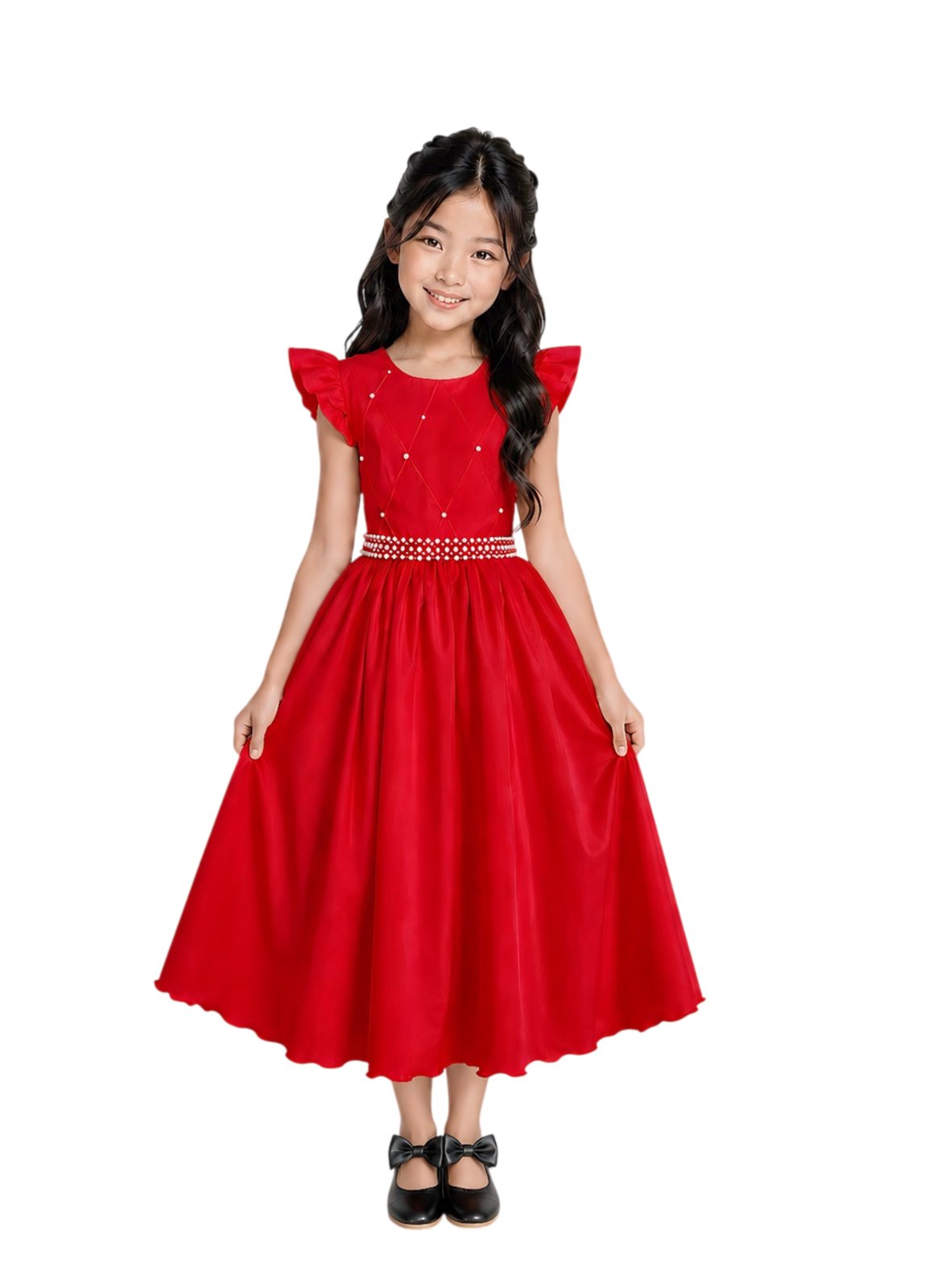 Infantil - Vestido Longo Social Vermelho Festa Formatura Casamento Pérolas Dama Daminha Menina Juvenil Juvenil Princesa Rodado Florista Aniversário Luxo