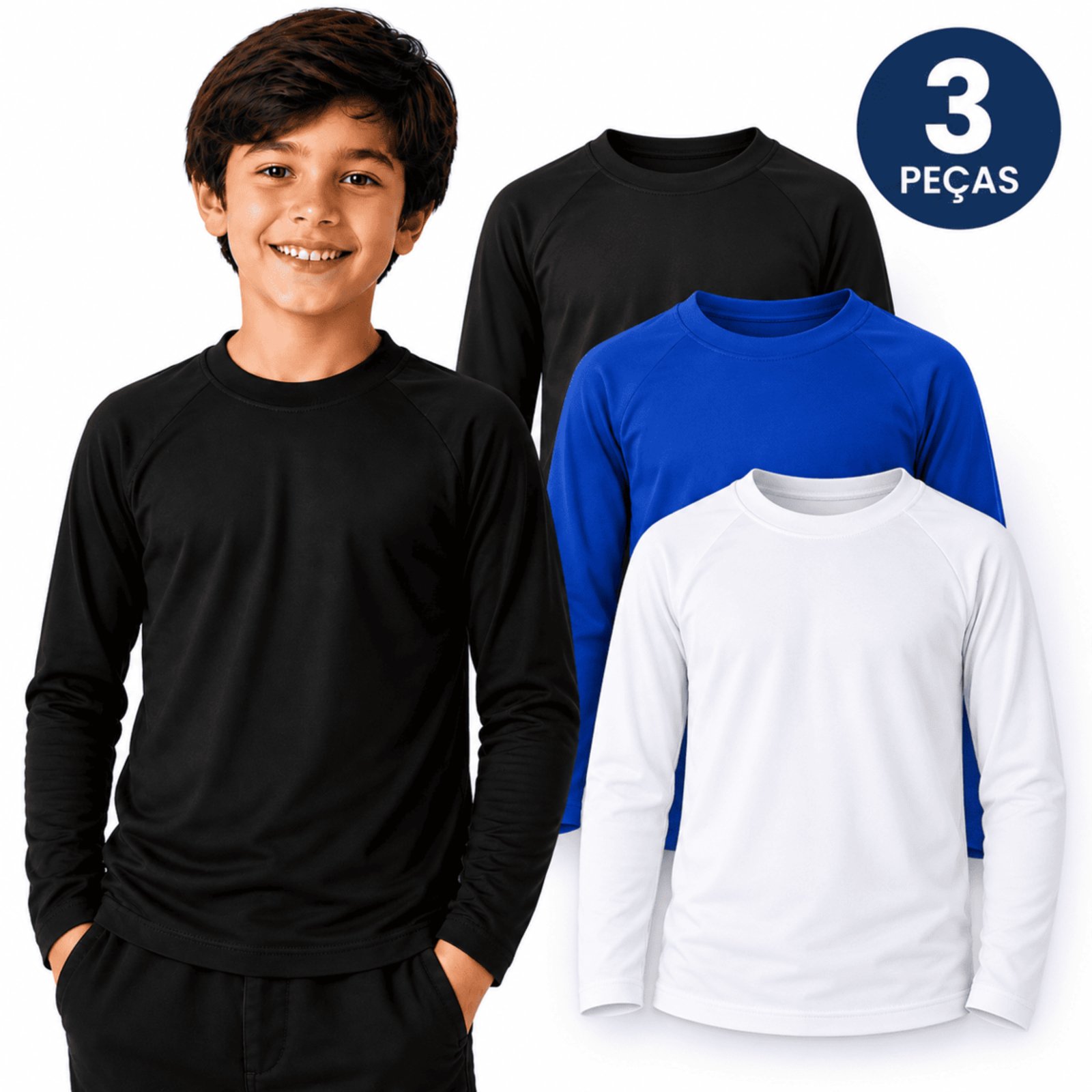 Infantil - Kit 3 Camisetas Uv Manga Longa Masculina Lisa Sem Estampa Praia - Cores Masculinas