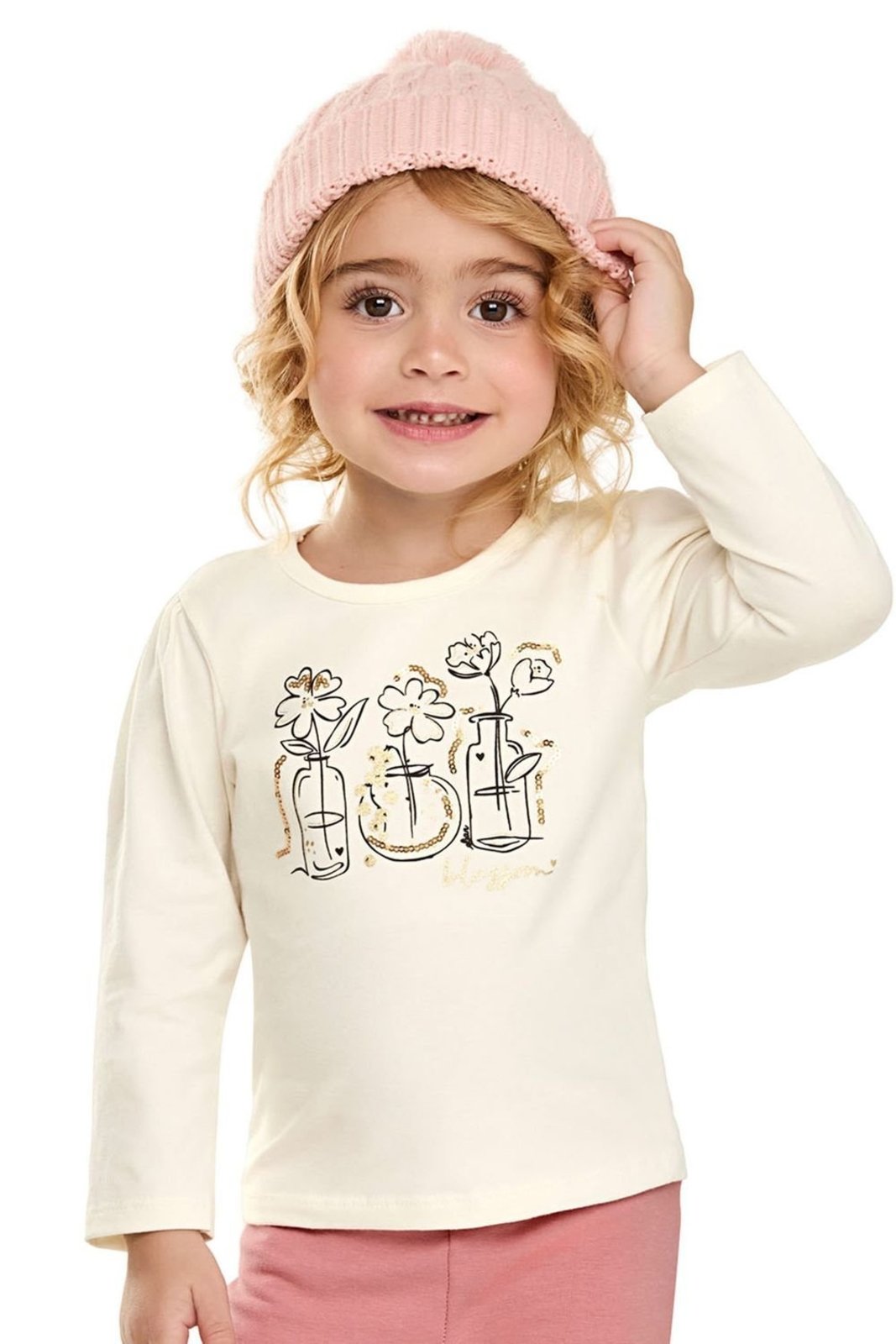 Infantil - Blusa Menina Flores Com Brilho Elian Bege