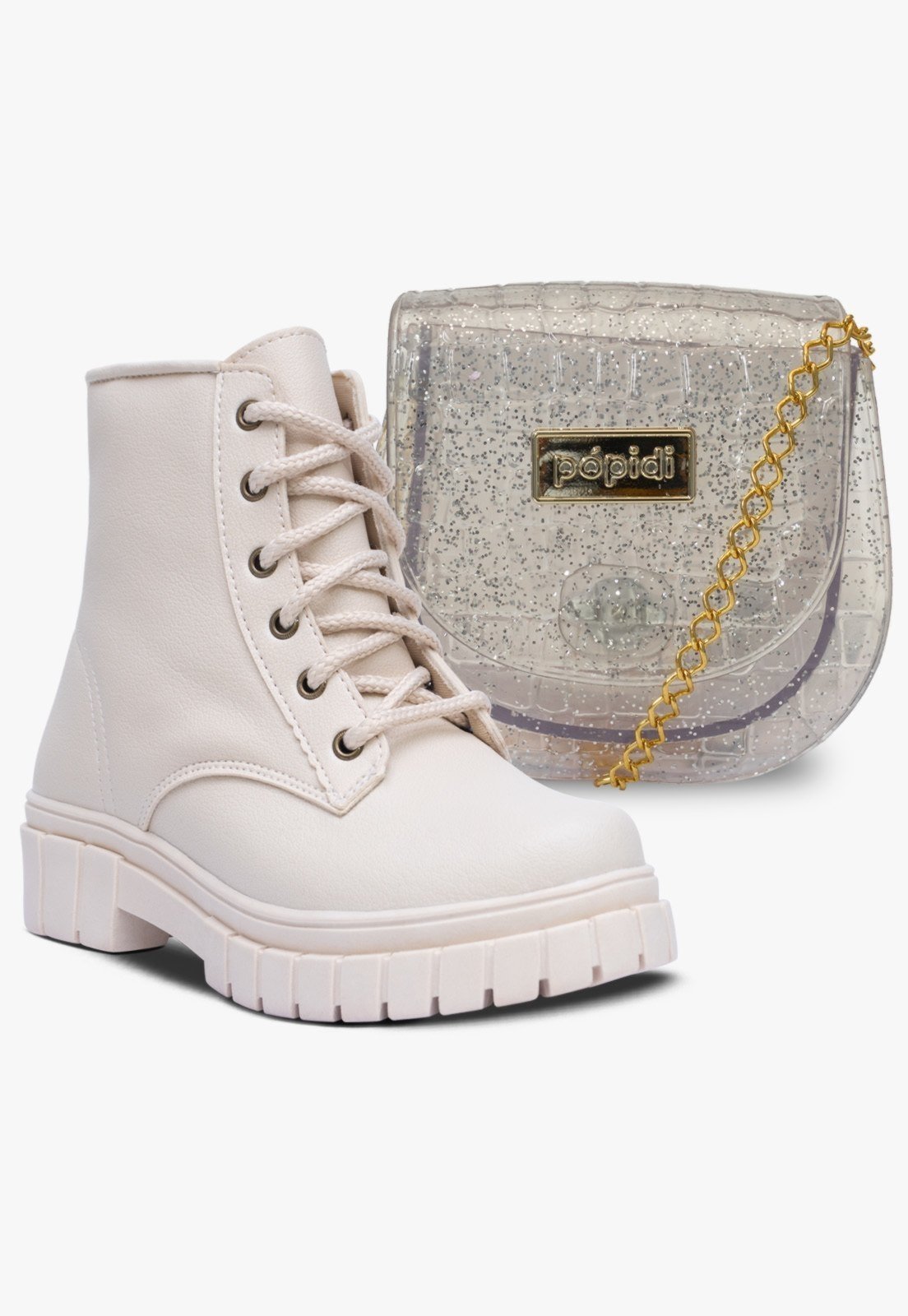 Infantil – Kit Bolsa e Bota Coturno Feminino Pópidi Off White