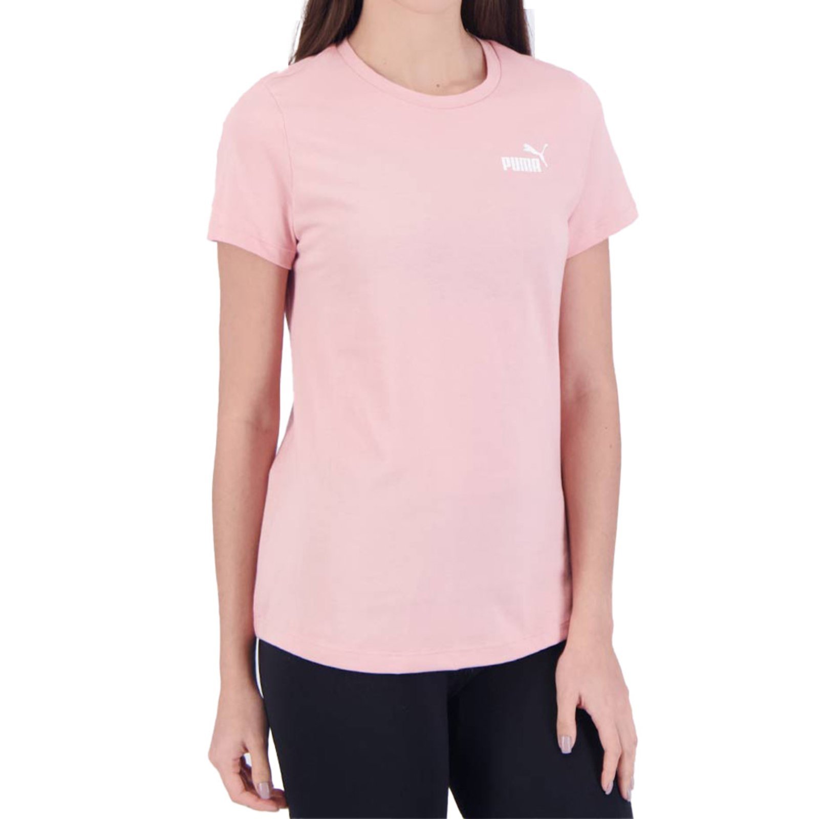 Camiseta Feminina Puma Algodão Gola Careca Com Logo Pequena Rosa
