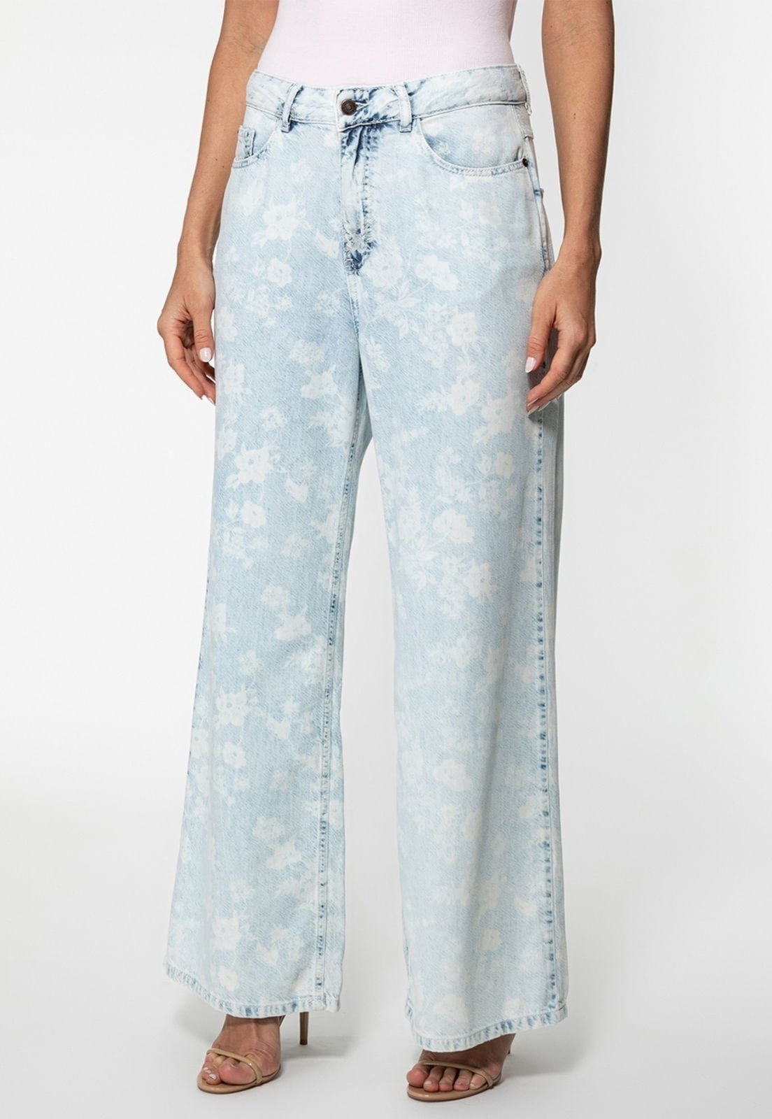 Calça Guess Jeans Wide Leg Floral Azul Claro