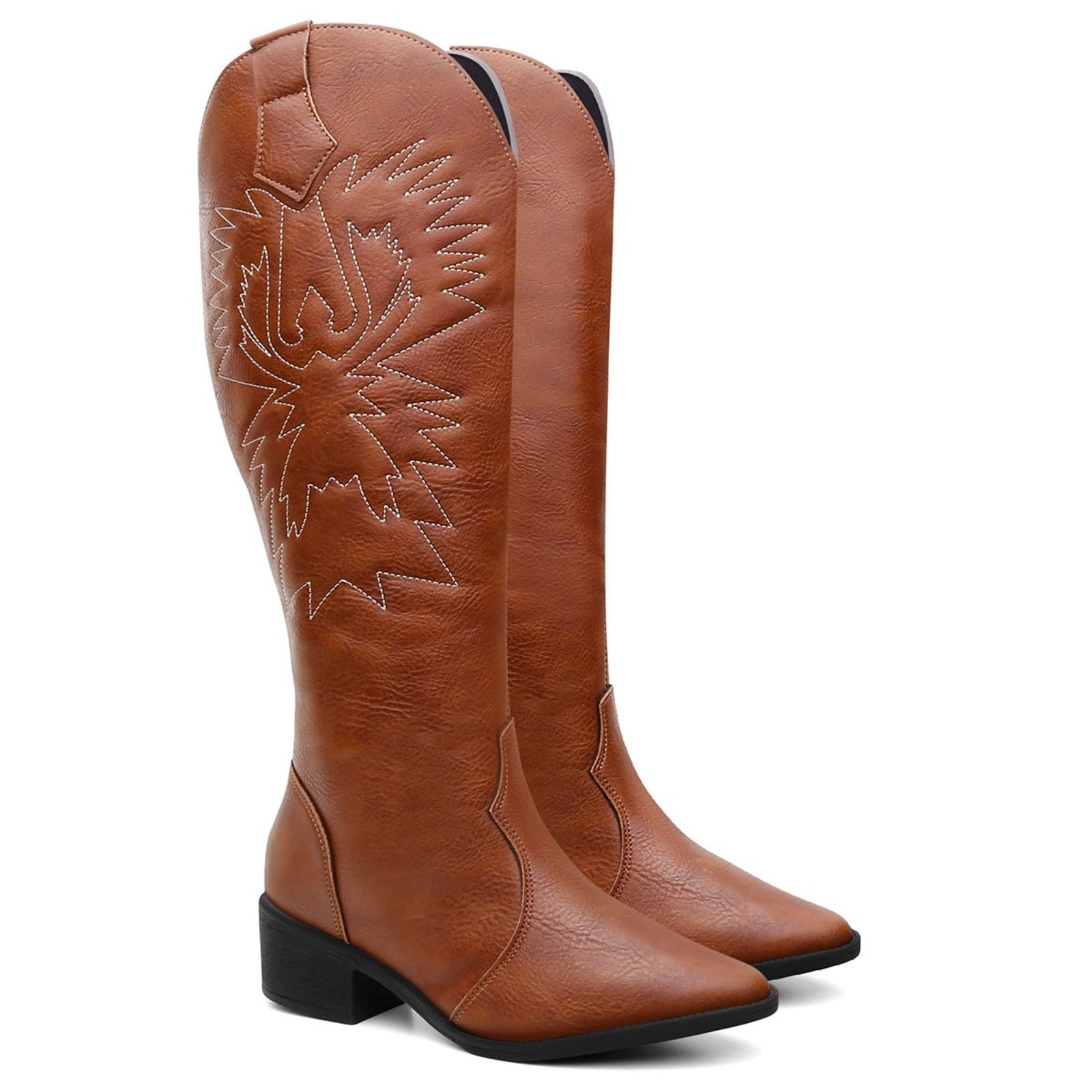 Bota Cano Alto Feminina Anna Andrade Western Texana Salto Baixo Bordada Caramelo