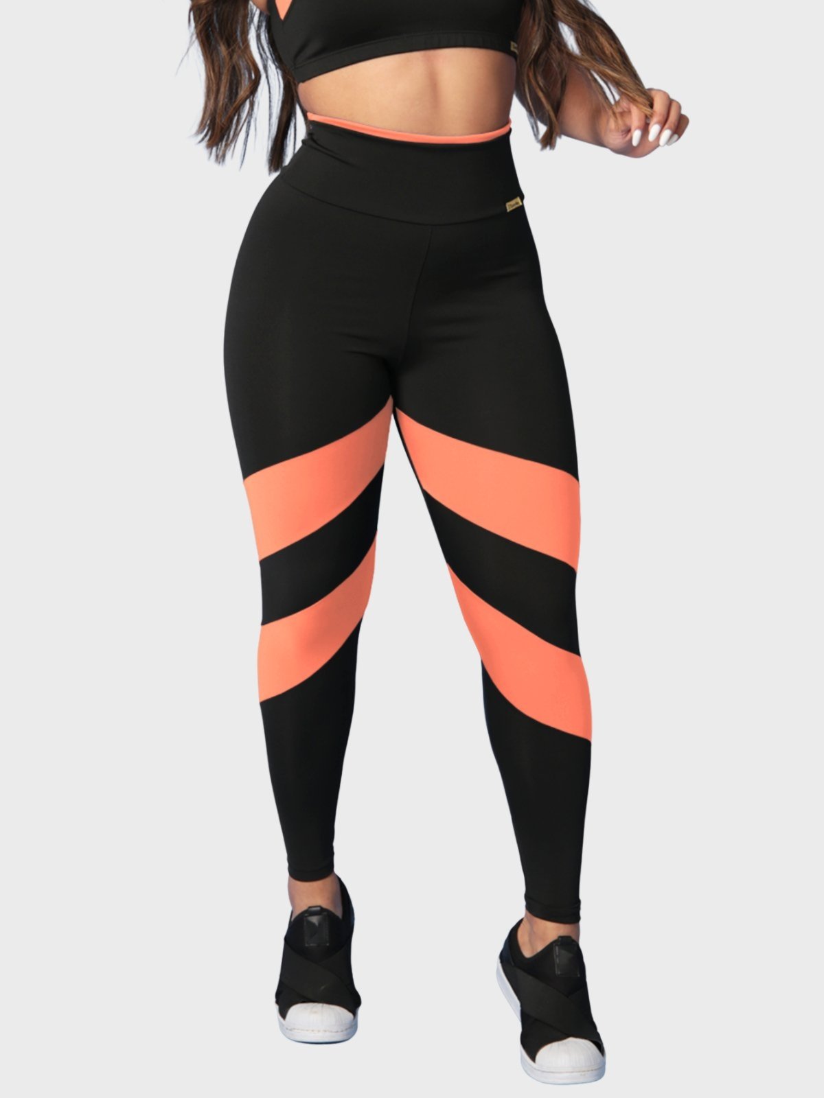 Calça Legging Fitness Tarelles Cintura Alta Preto e Laranja Claro
