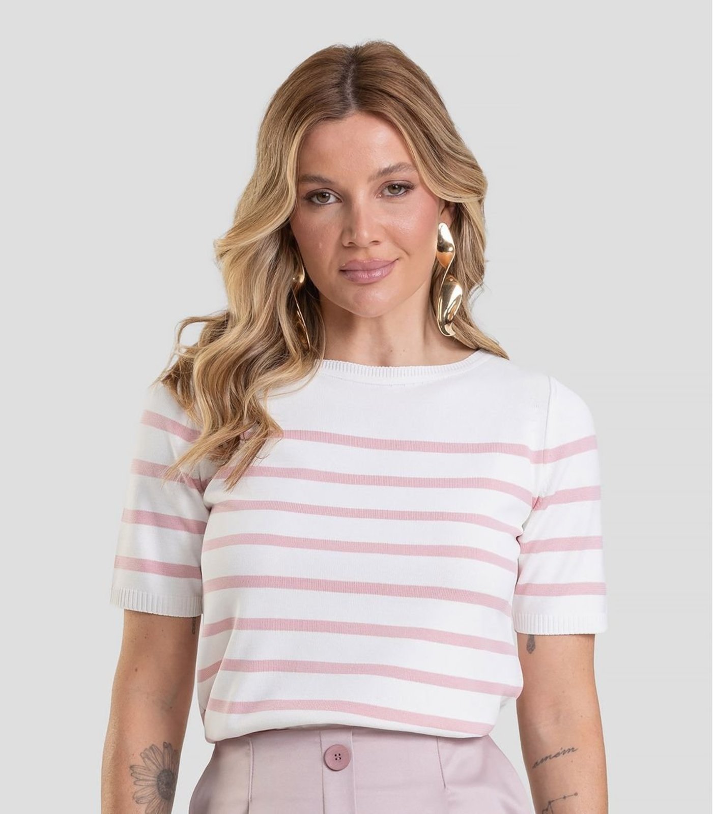 Blusa Feminina Em Tricot Listrado Dianna Rosa