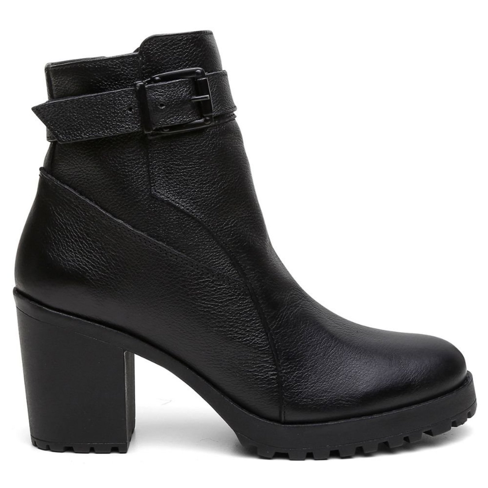 Bota Feminina Coturno Fivela Cano Médio e Couro Salto Bloco Preto