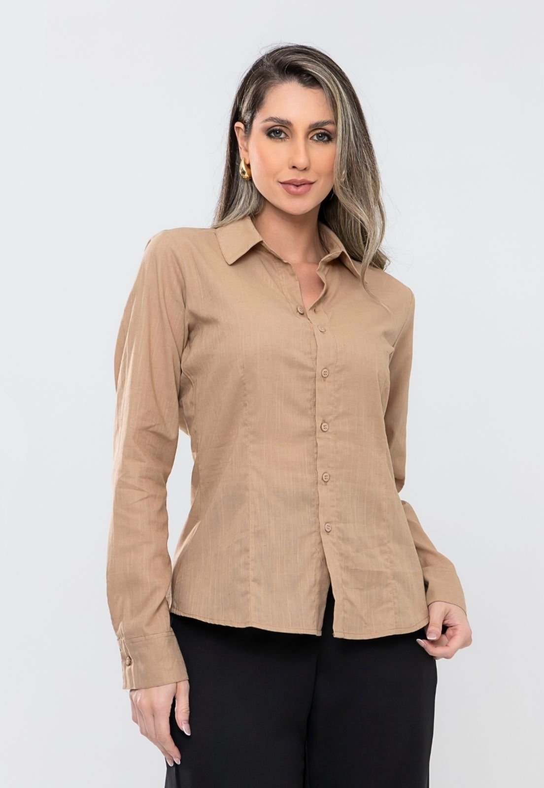 Vista 3 Camisa Manga Loga Classica Casual Elegante linho Premium Docce Mulher verde Docce Mulher verde