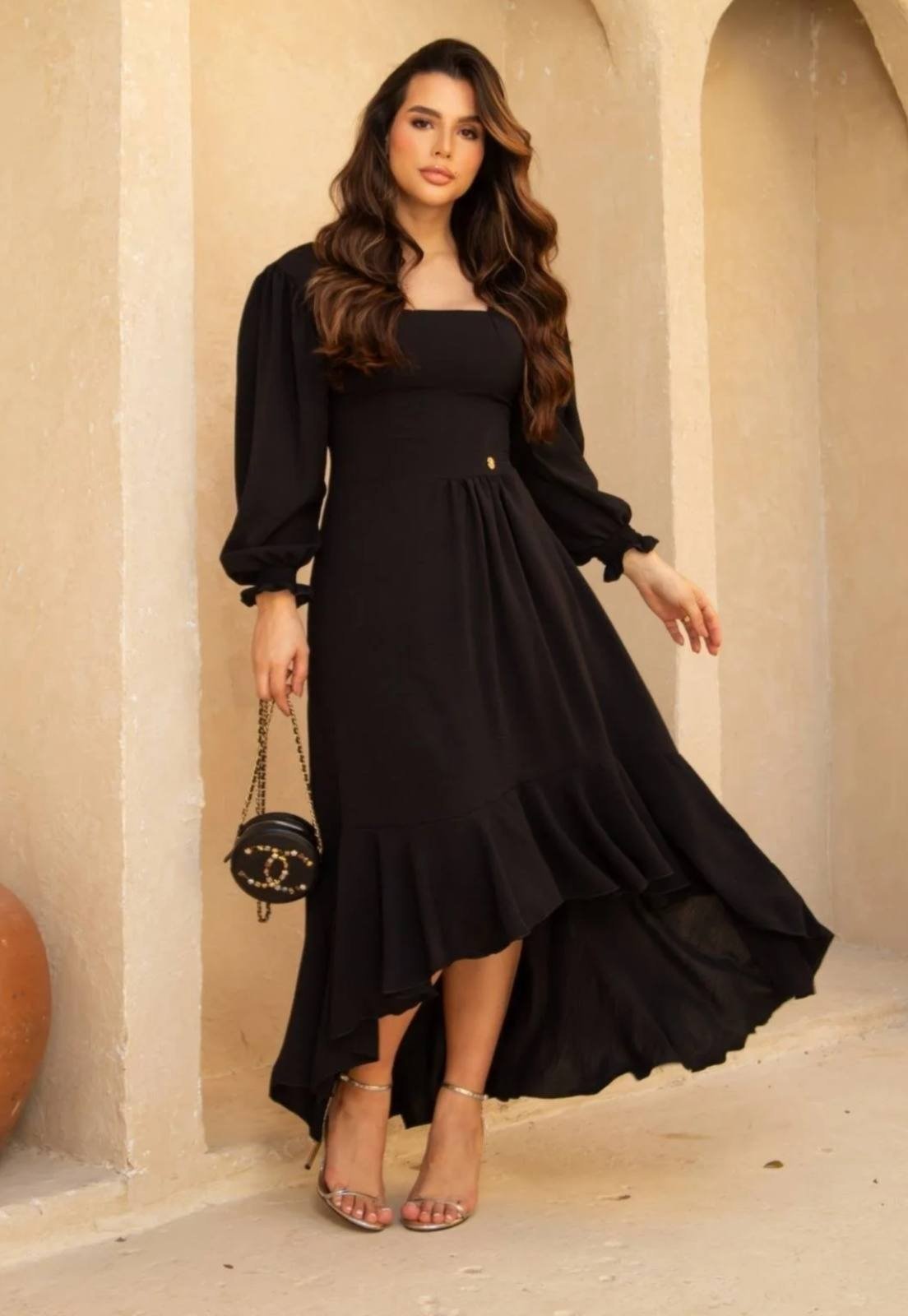 Vestido Max Midi Mullet Preto Manga Longa Elegante e Sofisticado Moda Evangélica